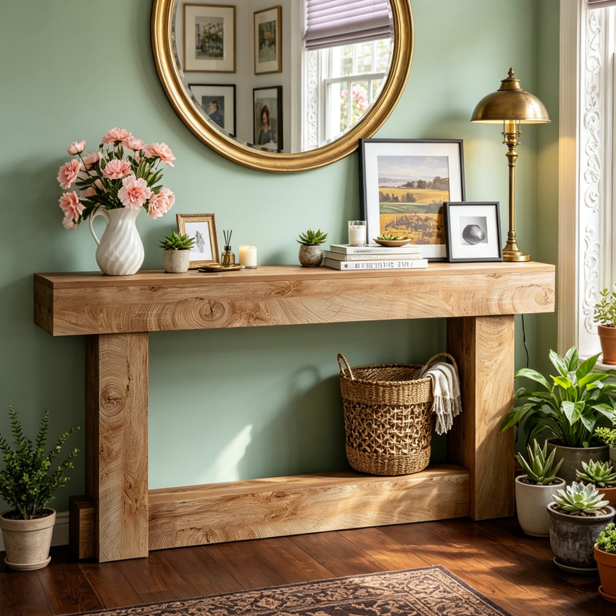 Fnova 63-Inch Farmhouse Console Table, 2-Tier Wooden Narrow Entryway Table, Long Sofa Table for Living Room, Entrance, Hallway,WM010392_BN_US
