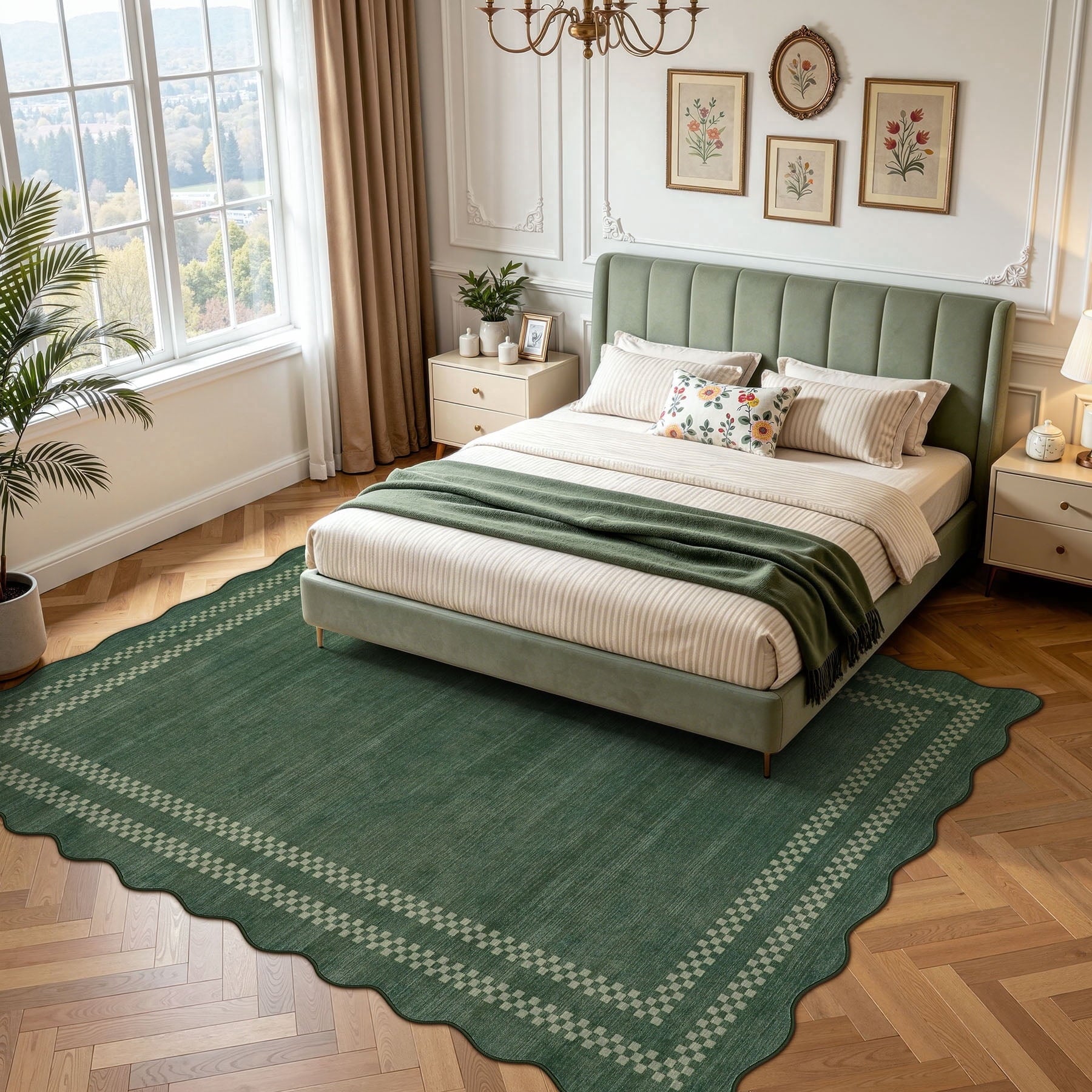 Fnova Scalloped Checker Border Area Rug, 8'x10' Machine Washable Non Slip Rug for Living Room Bedroom Dining Room, Kid and Pet Friendly Low Pile Indoor Carpet,Green,8'x10'