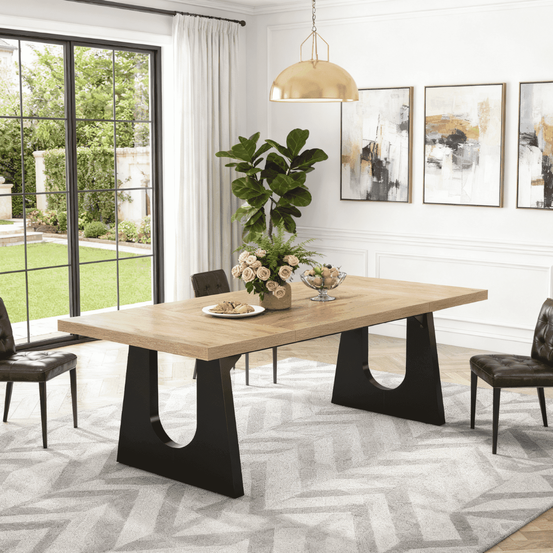 Fnova 70.9" Rectangular Dining Table for 6-8 People, Large Farmhouse Wood Kitchen Table with Heavy Duty Legs, Easy to Assemble,Light Brown