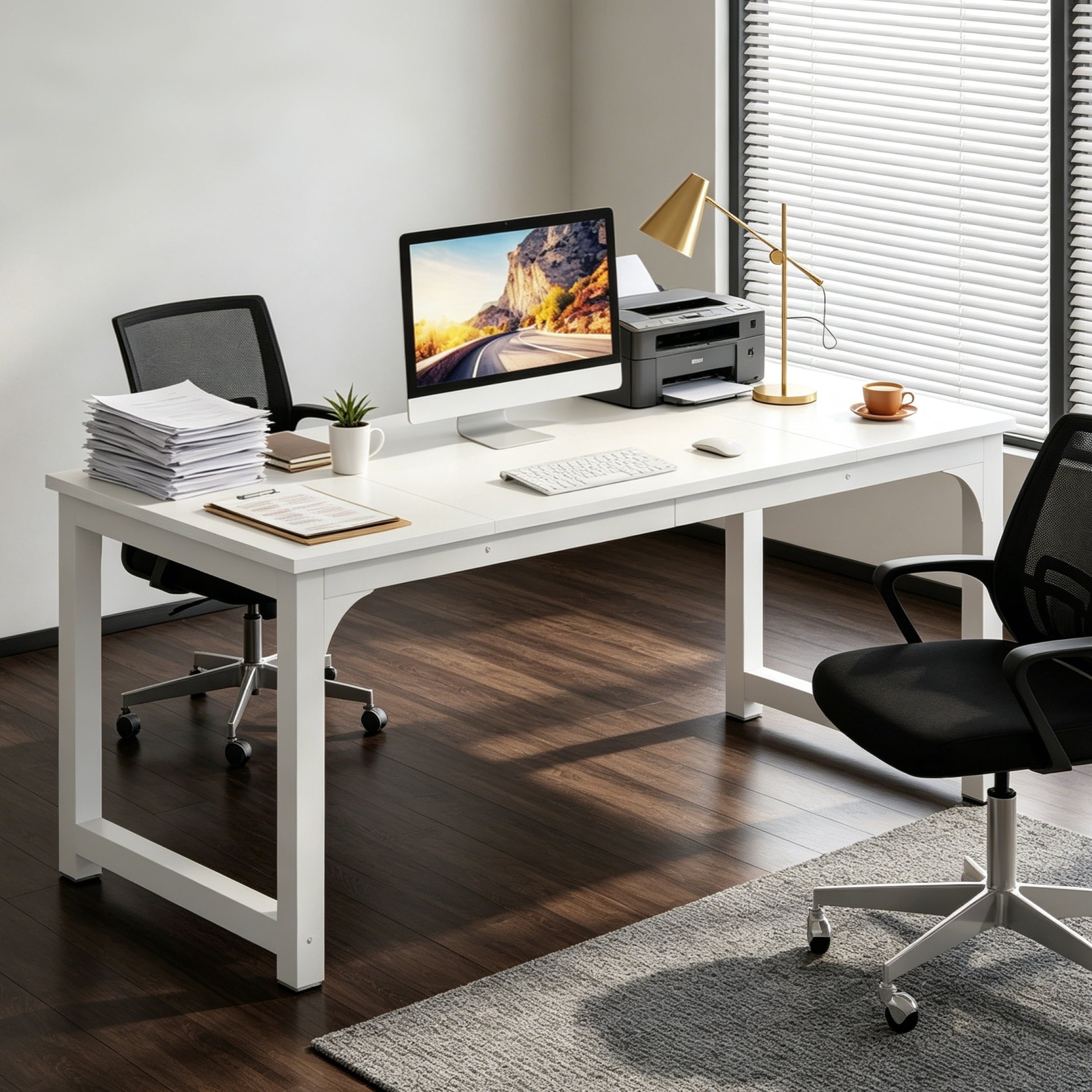 Fnova 63'' Executive Desk, Large Home Office Computer Desk with Thickened Metal Frame, Sturdy Writing Table, Multipurpose for Dining, Conference & Home Office,White,63" wide