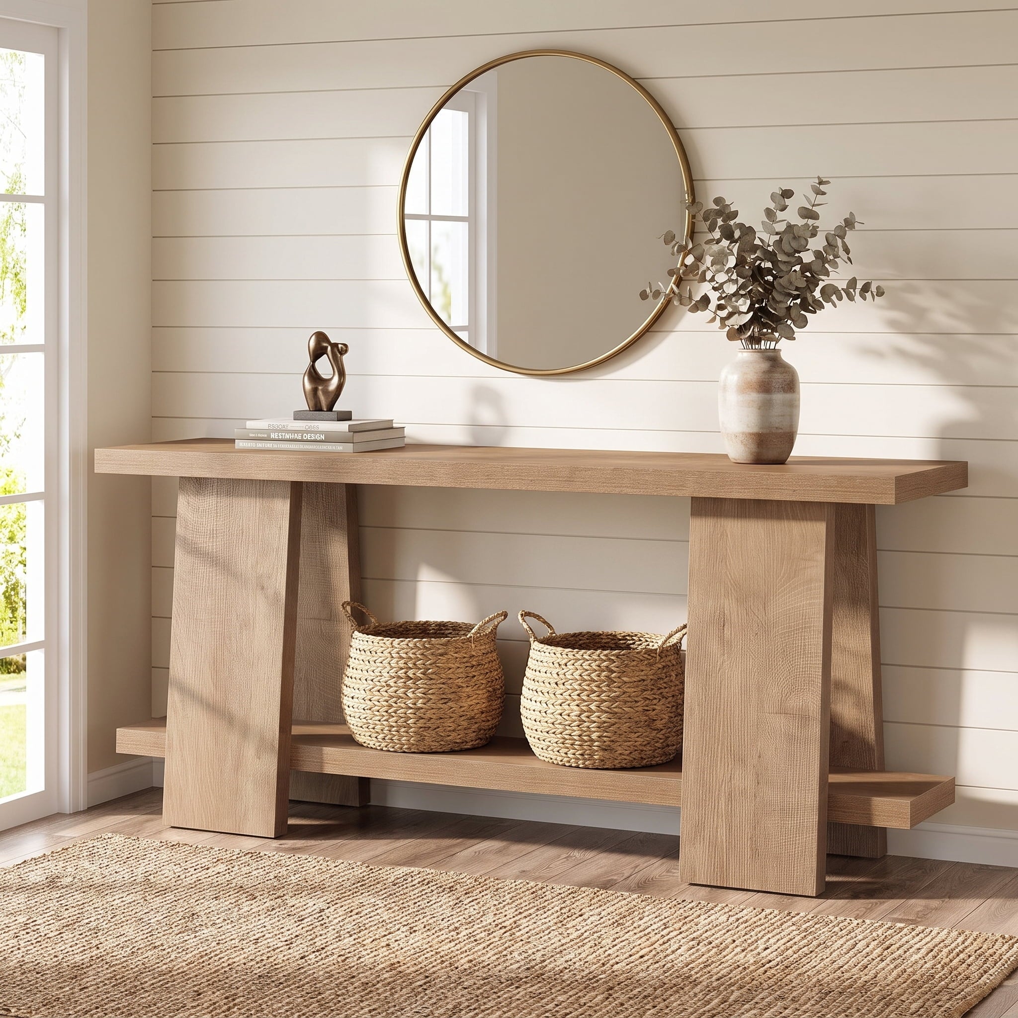 Fnova 70.9-Inch Farmhouse Console Table, 2-Tier Extra Long Narrow Entryway Table, Natural Wood Sofa Table for Living Room, Hallway, Foyer,WM010942_BN_US