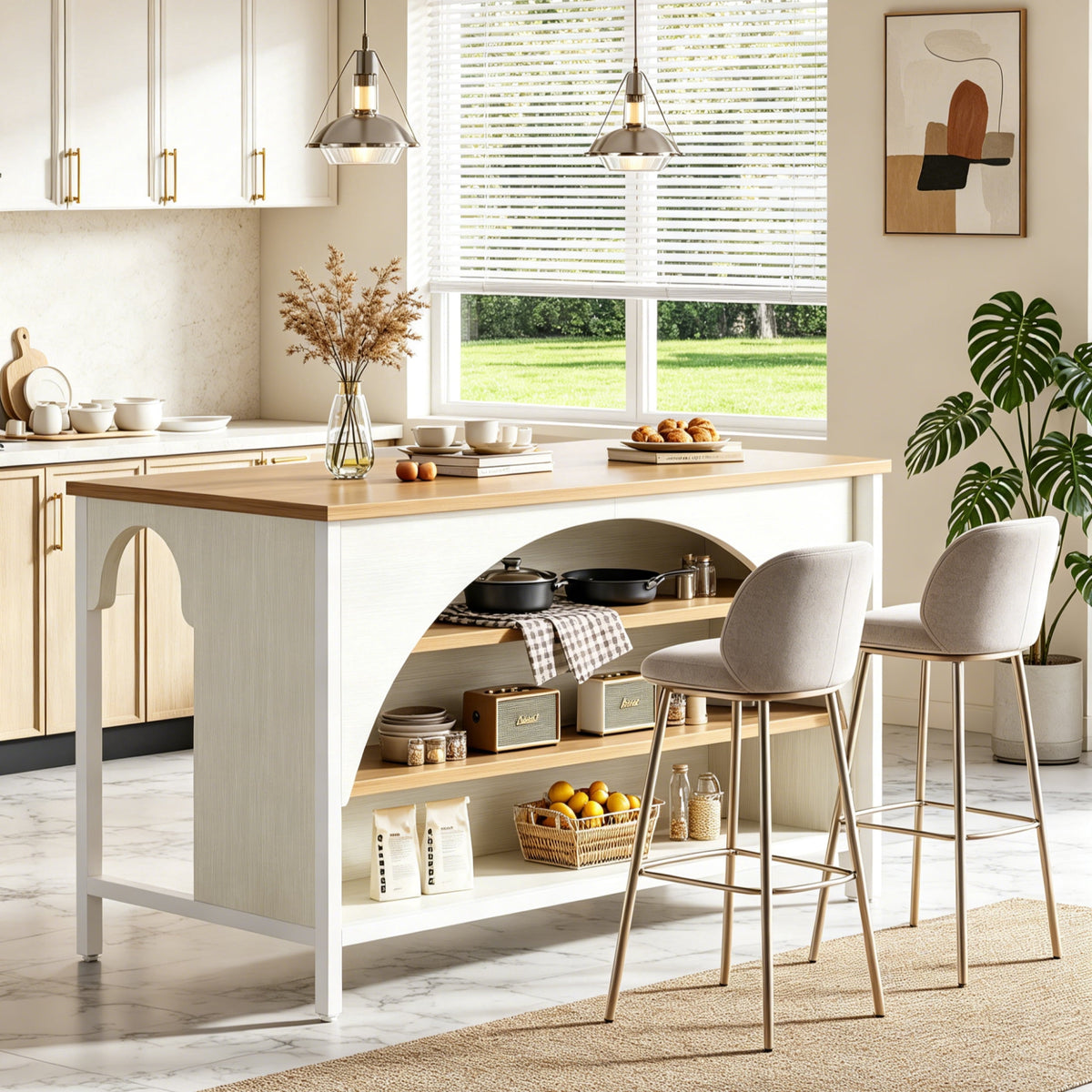 Fnova 55-Inch Farmhouse Kitchen Island with Open Storage Shelves, Large Coffee Bar Table with Adjustable Feet for Kitchen & Dining Room,WM010416_LBNW_US