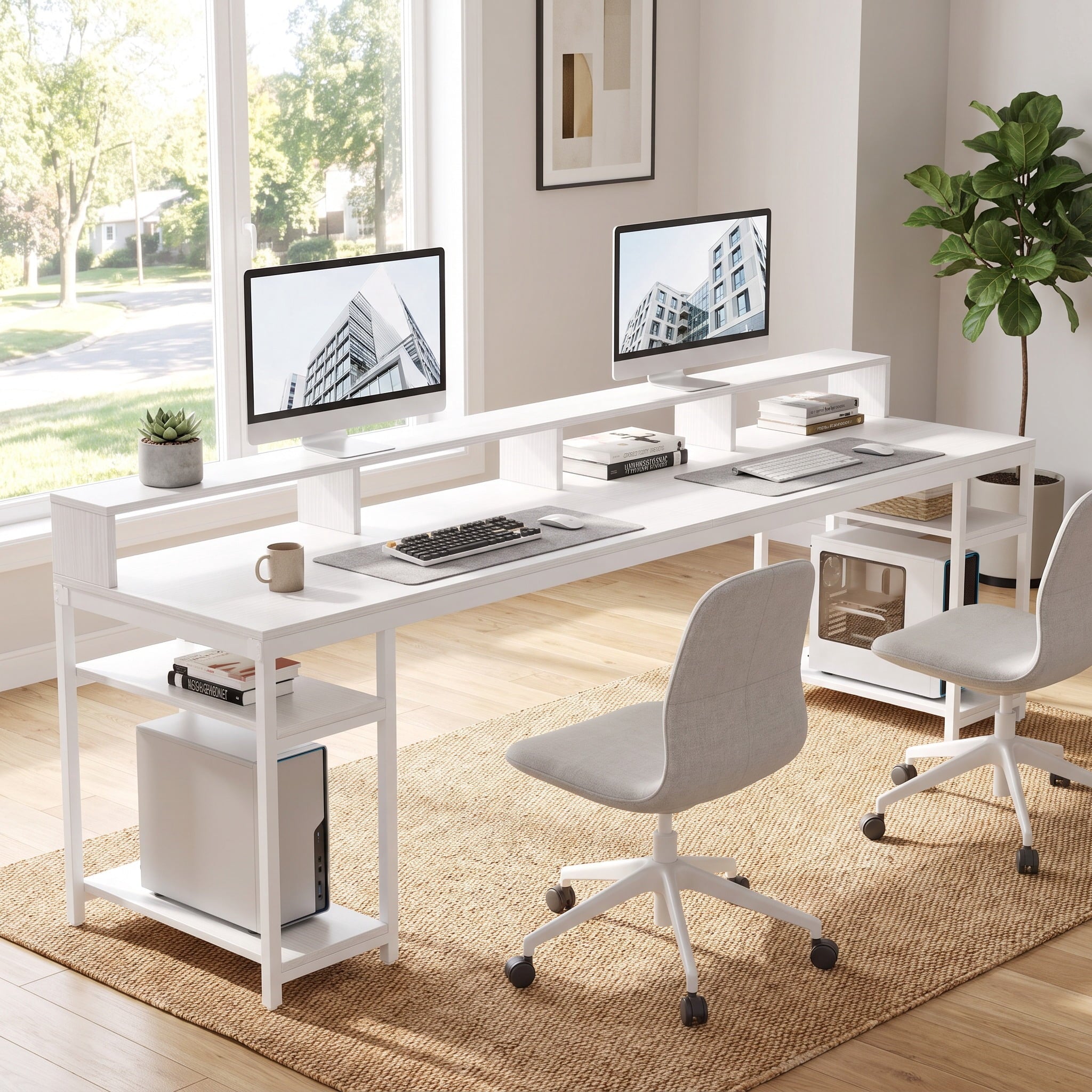 Fnova 78.74-Inch Long Computer Desk with Monitor Stand and Storage Shelves, Industrial Home Office Writing Desk for 2, White,WM010405C_W_Desk
