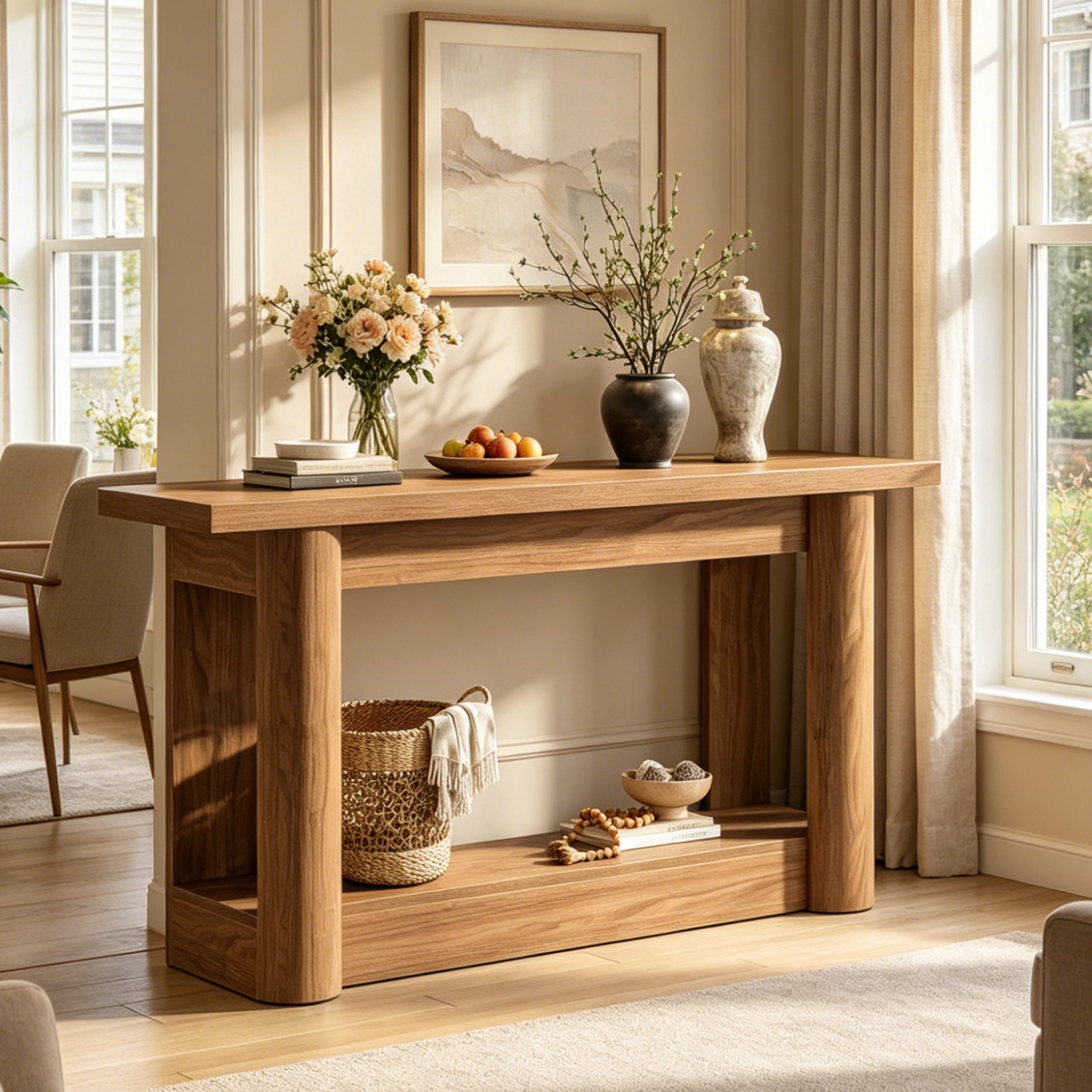 Fnova 63" Farmhouse Console Table with Long Storage Shelves, 2-Tier Entertainment Center for 55" - 75" TVs, Tall Television Console Table for Living Room, Bedroom, Hallway, Foyer,Dark Brown
