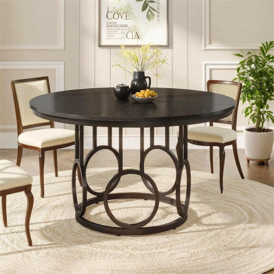 Fnova 47.24" Modern Round Dining Table for 4 with Wood Tabletop, Kitchen Table for Dining Room, Black,Black