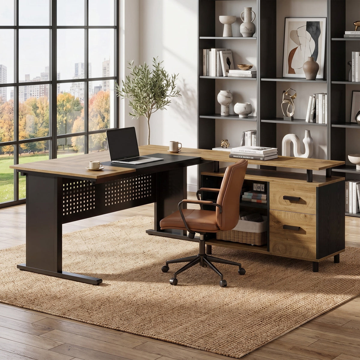 Fnova 63-Inch L-Shaped Executive Desk with Storage Cabinet and Drawers, Large Office Desk with File Drawer, Industrial Computer Desk Workstation for Home Office,WM010425_LBNB_US