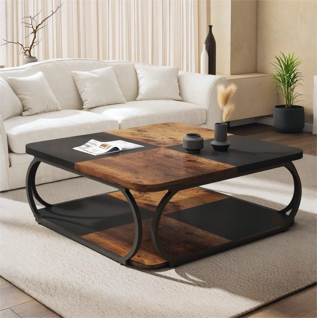 Fnova 47.2" Square Coffee Table, Industrial Modern Style with Wood Colorblock Design, Decorative Center Table for Living Room, Bedroom & Apartment, Easy to Assemble,Brown