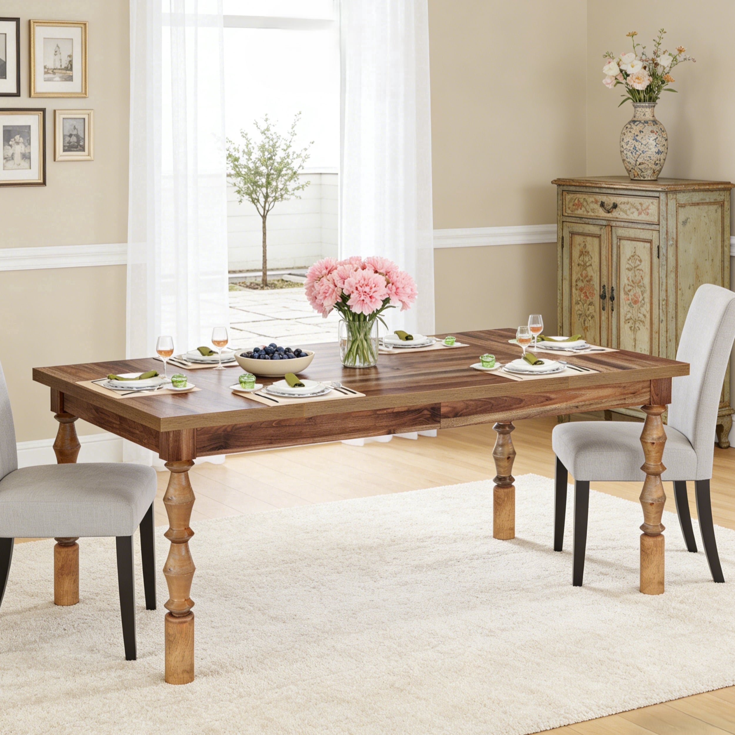 Fnova 62" Farmhouse Dining Table for 4-6 People, Large Wood Rectangle Kitchen Table Modern Dining Room Furniture with Carved Turned Legs,Brown