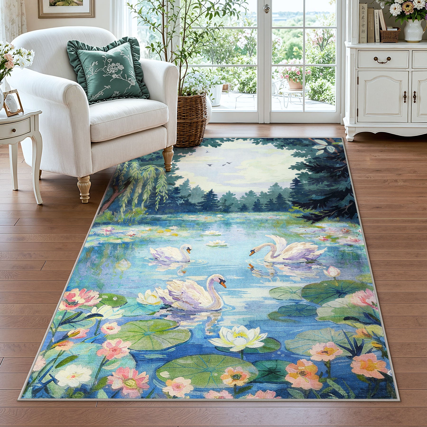Fnova Washable Area Rug, 3x5 Faux Wool Floral Swan Rug with Non-Slip Backing, Low Pile Indoor Carpet for Living Room, Bedroom, Nursery, French Country Boho Decor