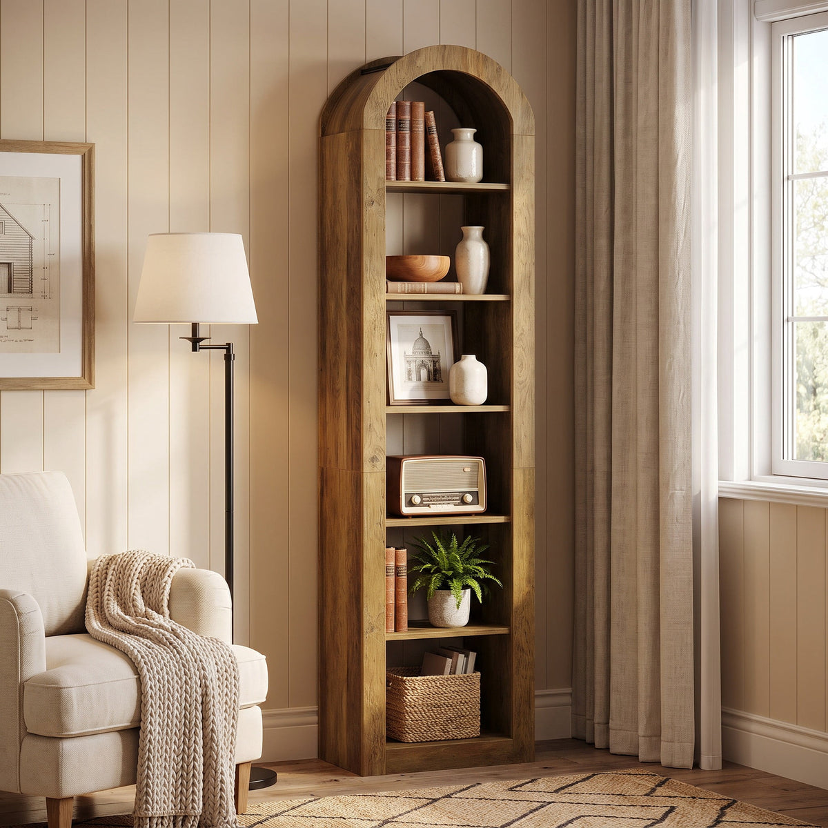 Fnova 74.8-Inch Tall Arched Storage Shelf Unit, Narrow 6-Tier Corner Display Organizer for Living Room Bedroom Home Office,WM010561_BN_US