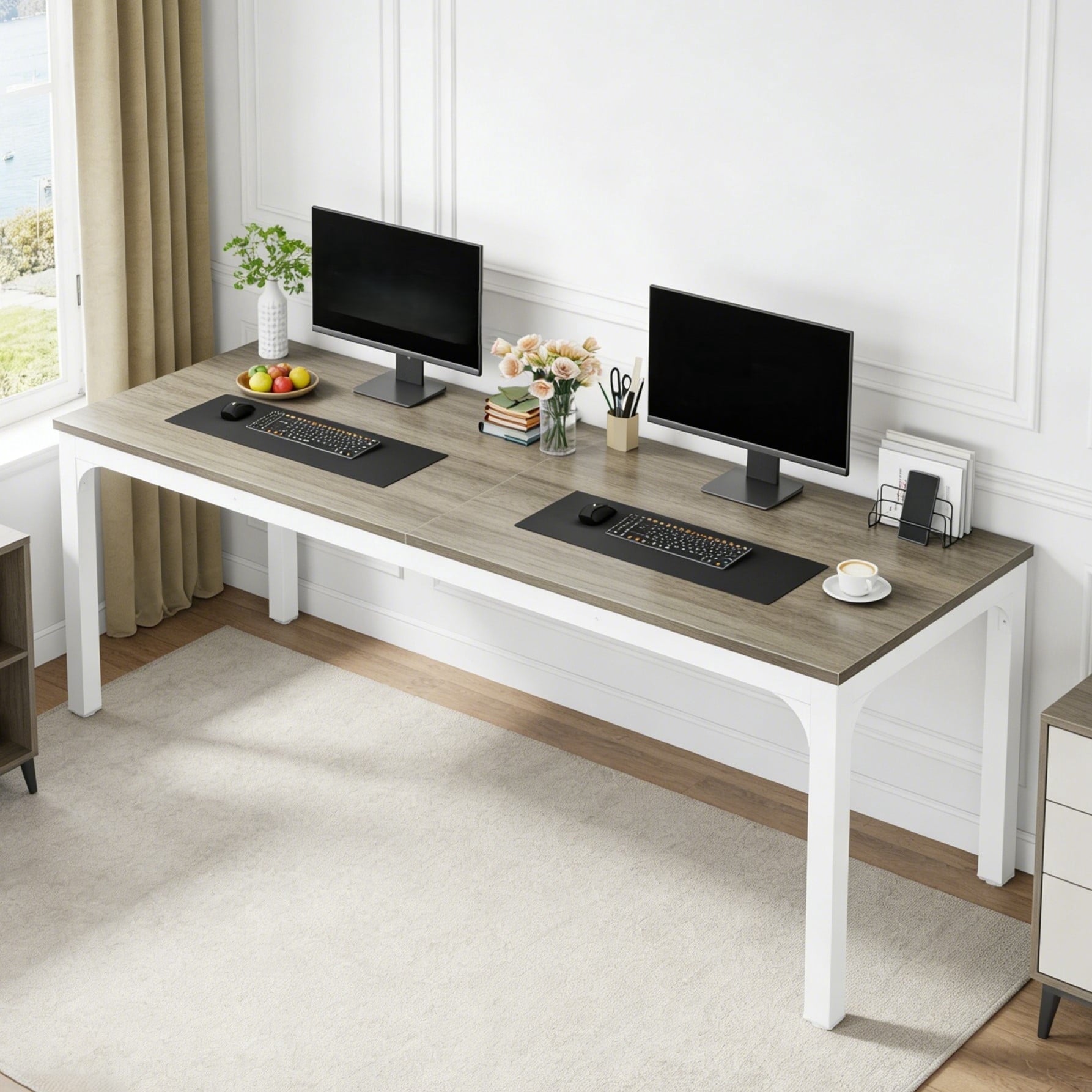 Fnova 78.7-Inch Modern Computer Desk with Wood Desktop, Metal Frame Office Desk, Gray White,WM010401_GW_Desk