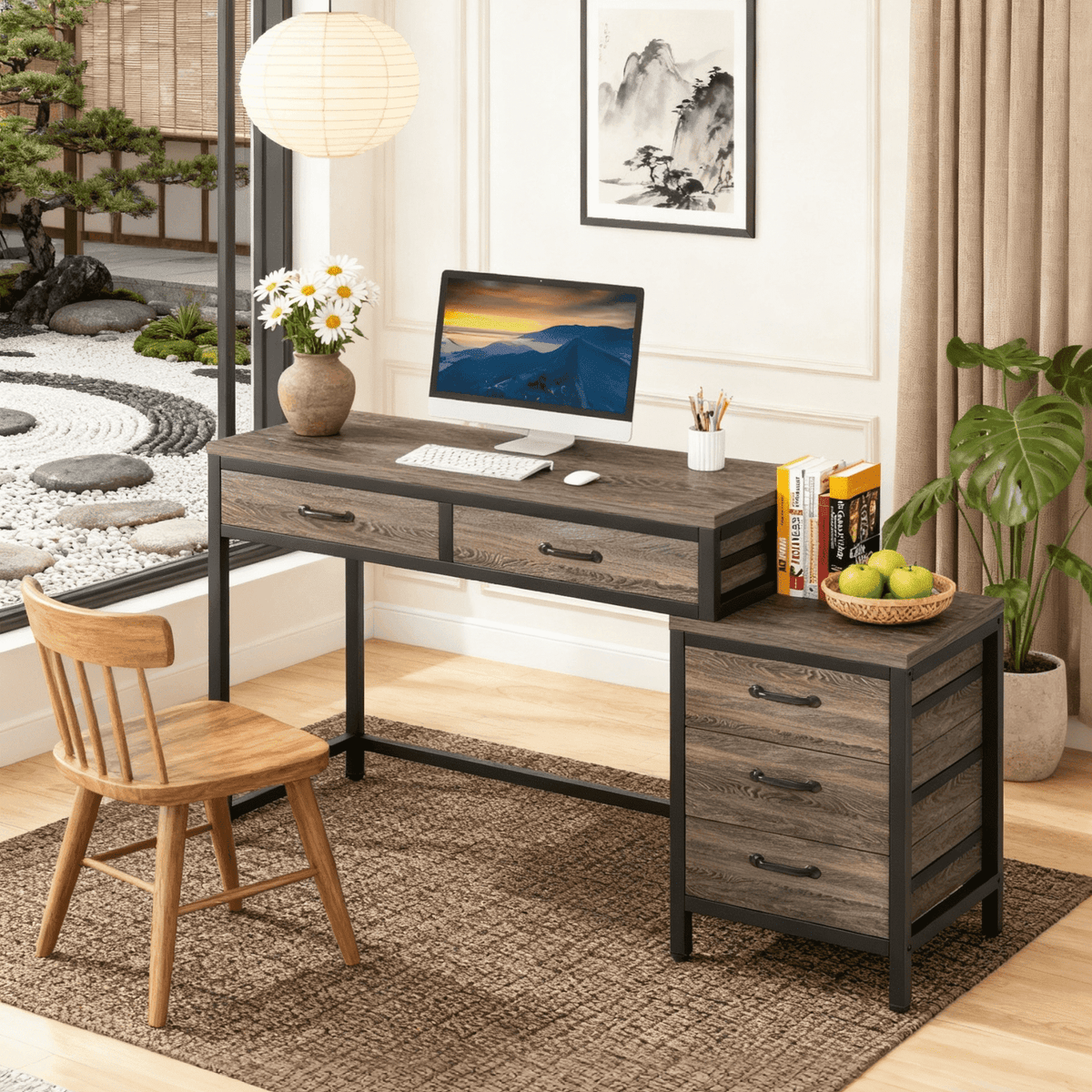 Fnova 39.37-Inch Industrial 5-Drawer Desk, Modern Computer Desk for Living Room/Study/Home Office, Easy Assembly,WM010294_G_Tables