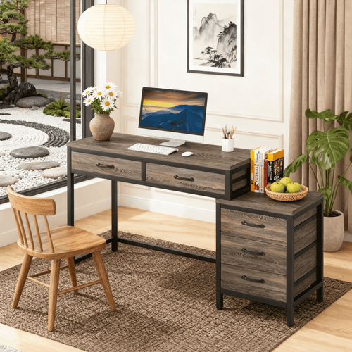 Fnova 39.37-Inch Industrial 5-Drawer Desk, Modern Computer Desk for Living Room/Study/Home Office, Easy Assembly,WM010294_G_Tables