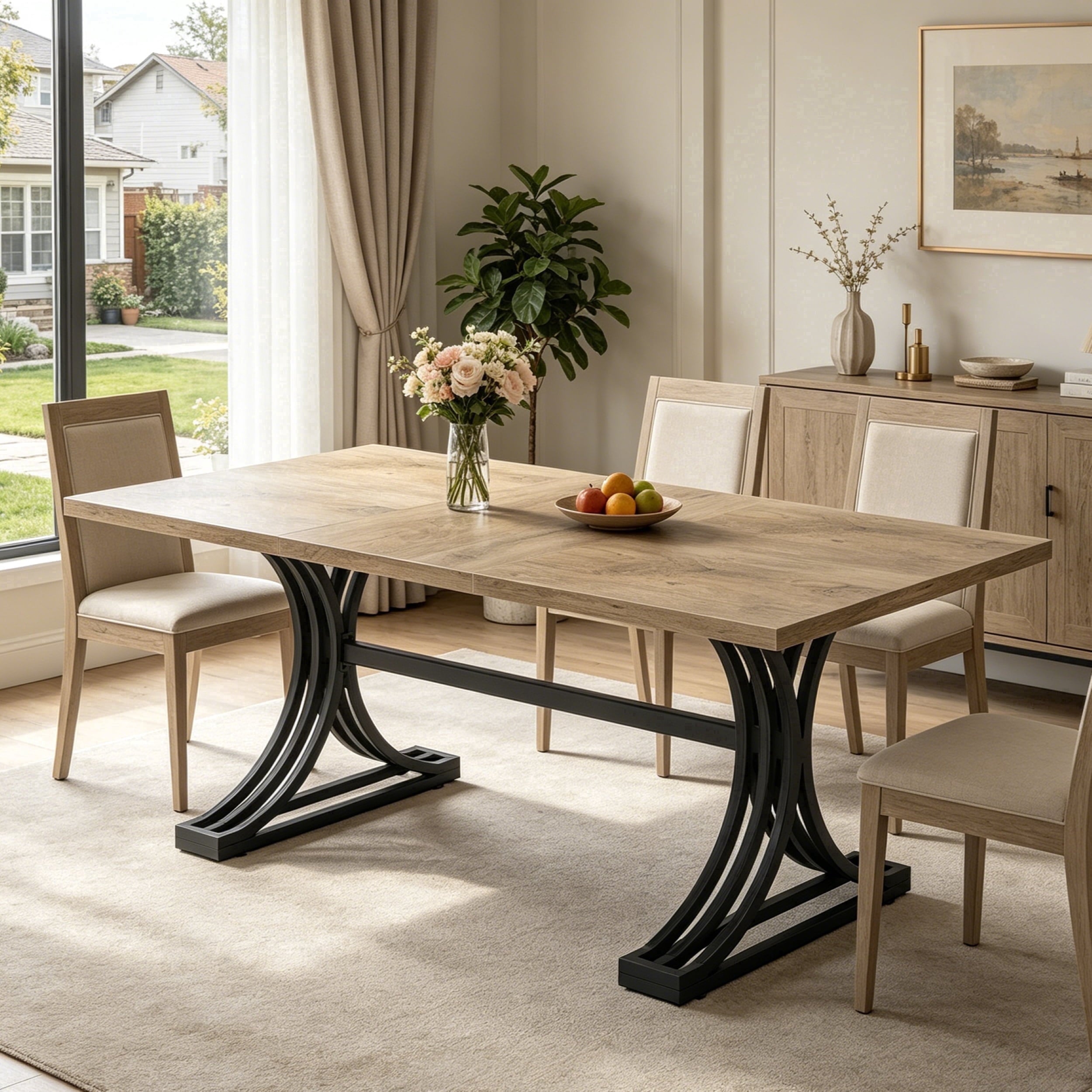 Fnova 63" Modern Dining Table, Rectangular Wooden Top Kitchen Table, Stylish Metal Trestle Legs, Seats 4 to 6 for Dining Room & Kitchen, Living Room,Light Brown