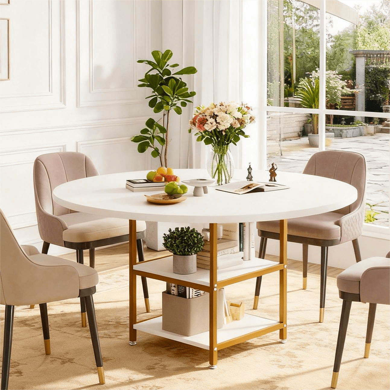 Fnova 47.24" Modern Round Dining Table with Storage, Kitchen Table with Wood Tabletop, Metal Frame, White Gold,White