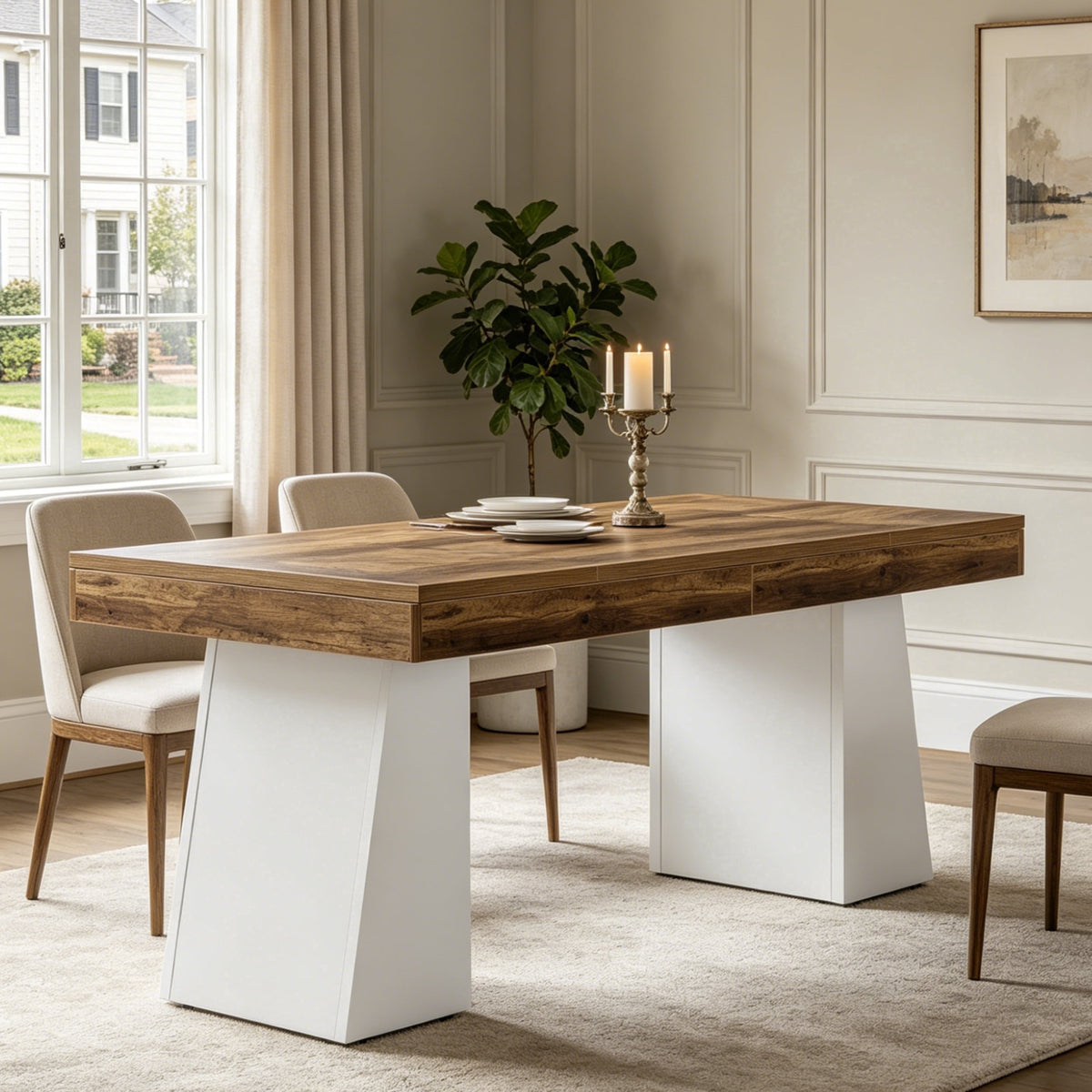 Fnova 55-Inch Modern Dining Table, Mid-Century Wood Rectangular Writing Desk, Computer desk with Double Trapezoid Base, Seats 4-6 - Perfect for Home Office, Dining Room, Kitchen & Living Room,WM010265_BNW_US