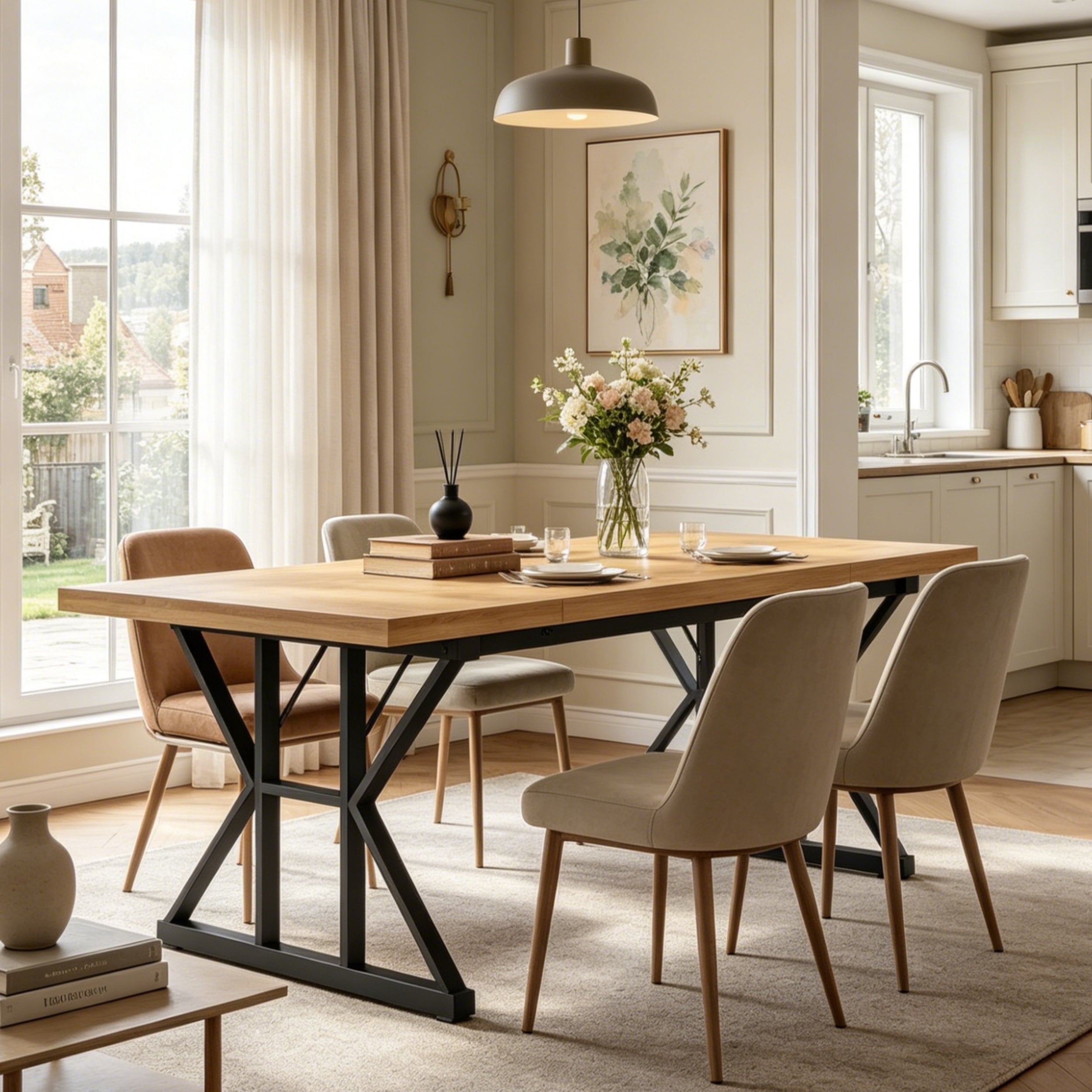Fnova 70.86 Inch Farmhouse Dining Table, X-Shaped Metal Legs, Large Rectangular Kitchen Table for 6-8 People, Heavy Duty Dining Room Furniture,Light Brown