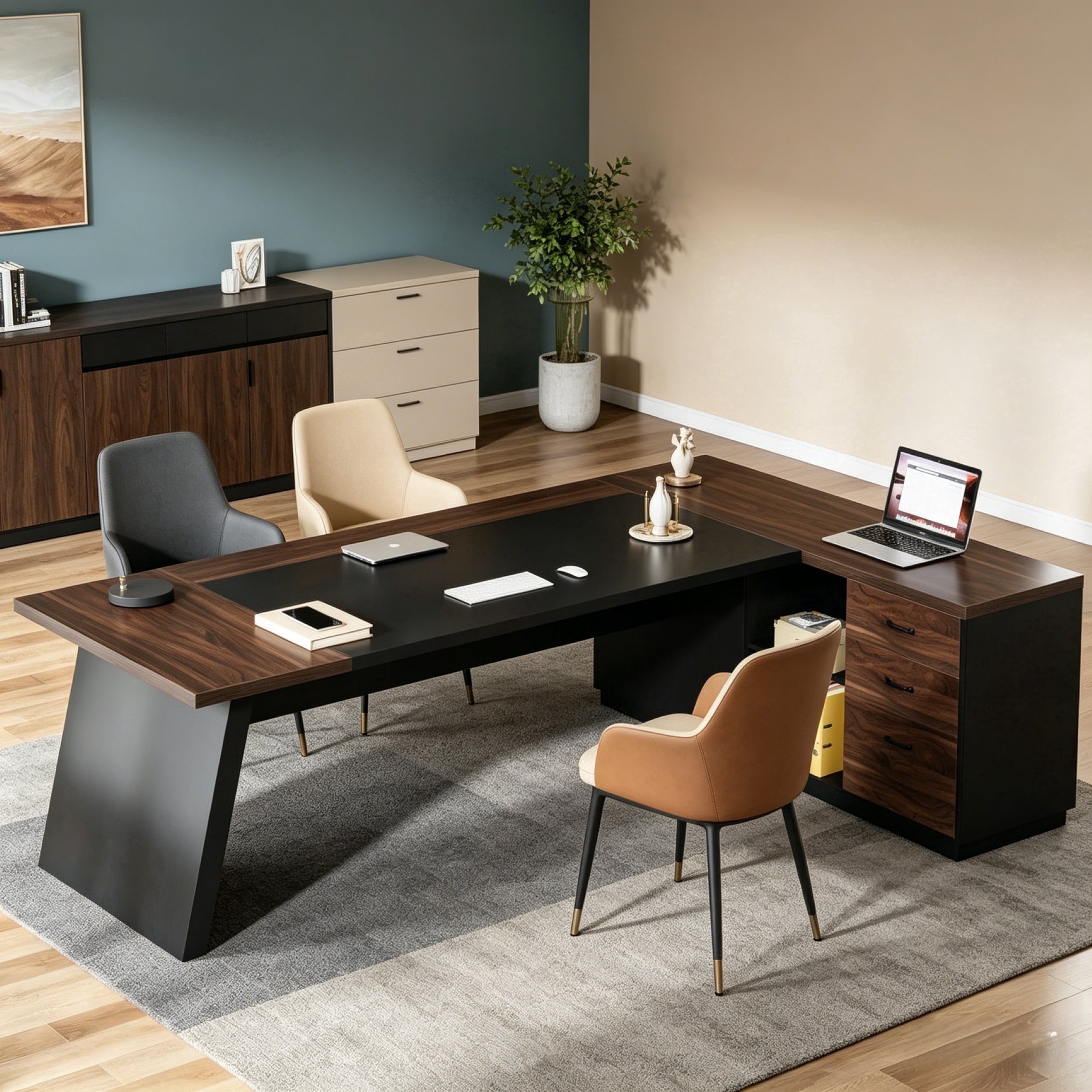 Fnova 78" L-Shaped Executive Desk with Drawers, Large Office Desk with Storage, Modern Business Desk for Home Office and Commercial Use,Dark Walnut Black