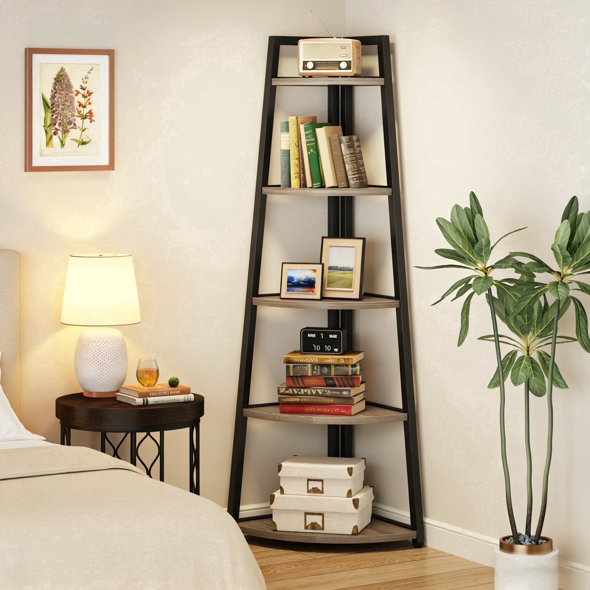 Fnova 71" 5-Tier Industrial Corner Ladder Shelf, Modern Corner Bookshelf, Compact Bookcase, Plant Stand for Living Room, Kitchen, Home Office,Gray