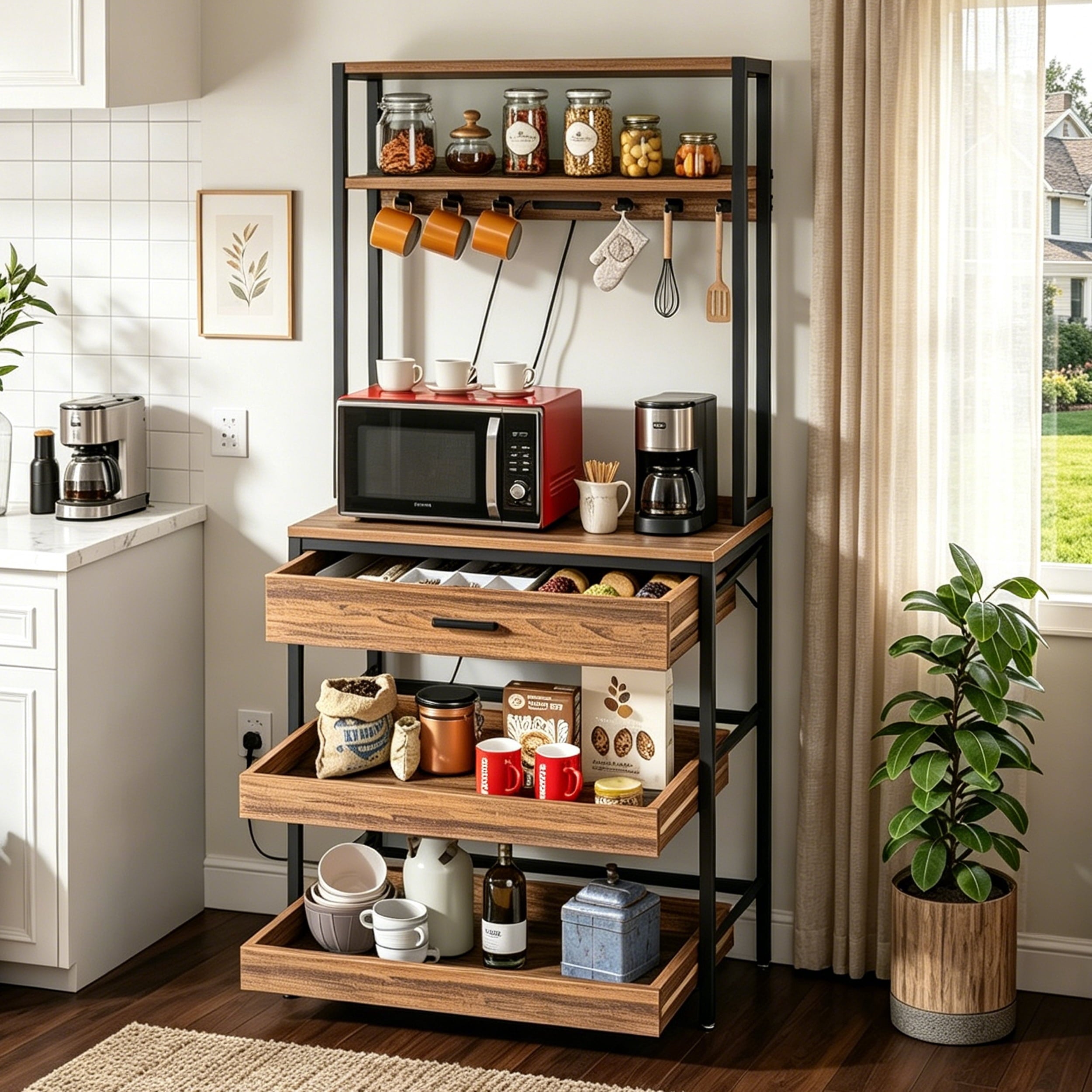Fnova 5-Tier Baker Rack with Charging Station, 65-InchH Kitchen Storage Shelf, Microwave Oven Stand with Drawer & Sliding Shelves, Coffee Bar Table with 6 Hooks, Brown,WM010511_BN_US