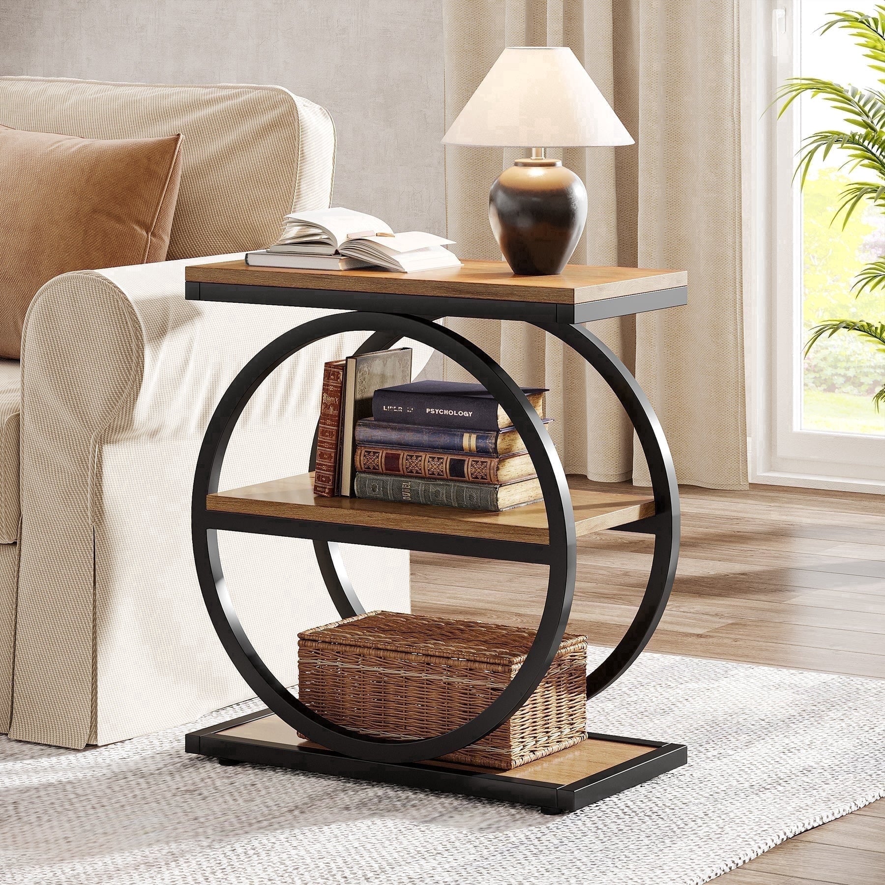 Fnova Side Table with Circular Metal Frame, End Table with 3-Tier Shelves for Living Room, Brown,Brown