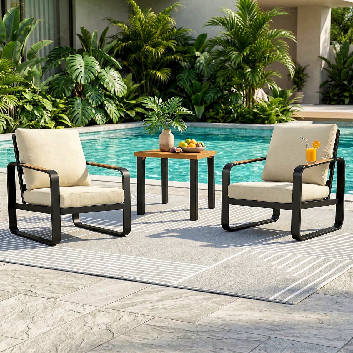 Fnova 3-Piece Outdoor Patio Furniture Set, 2 U-Shaped Metal Frame Accent Chairs with 1 Side Table, High Back Patio Chairs with Thick Cushions PET Fabric for Balcony, Deck, Backyard,WM011526_W_US