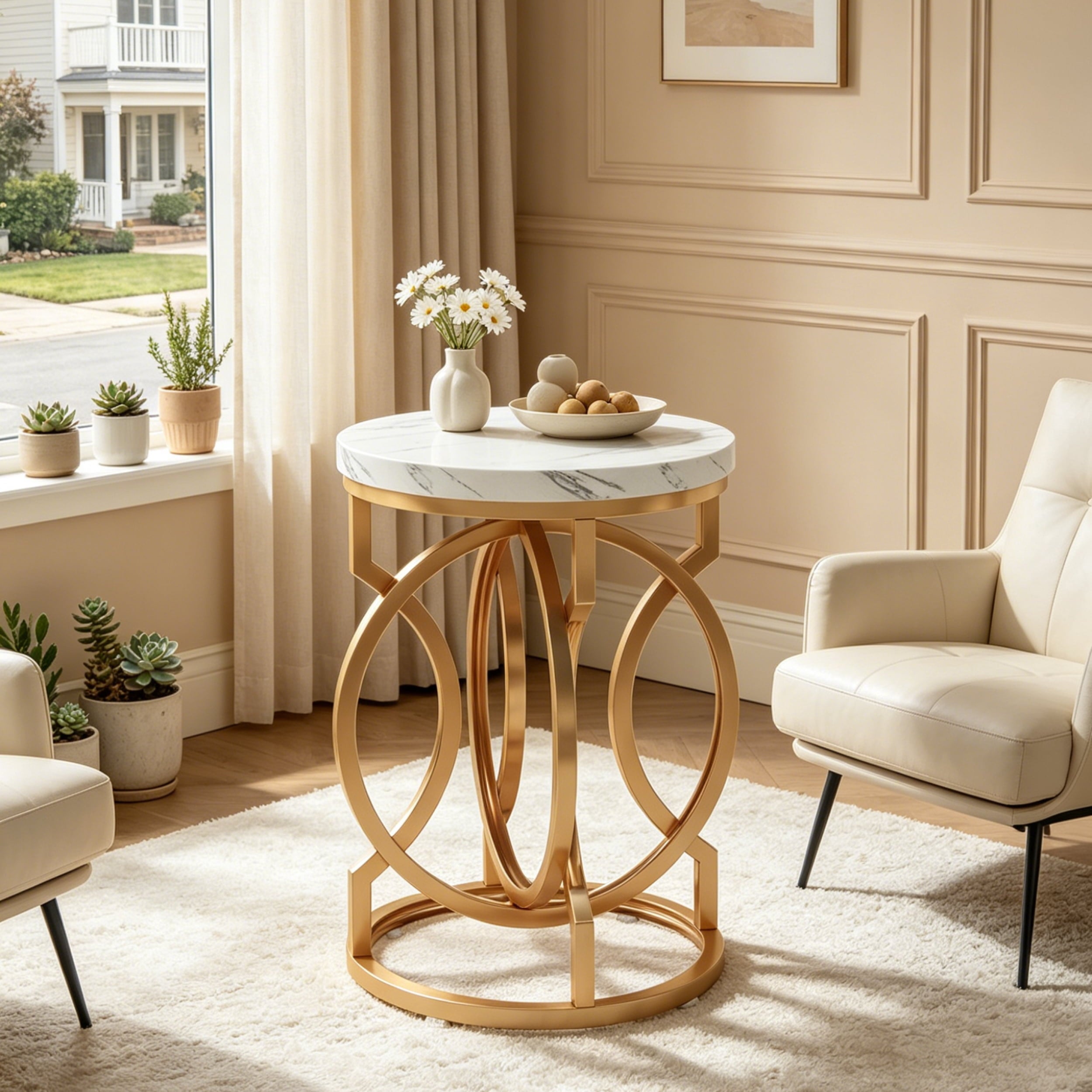Fnova 20 Inch Modern Round Gold Side Table, Faux Marble Top, O-Shaped Base, Mid-Century Accent Table, Nightstand Bedside Table for Living Room, Bedroom, Small Spaces,WM010145_WG_US