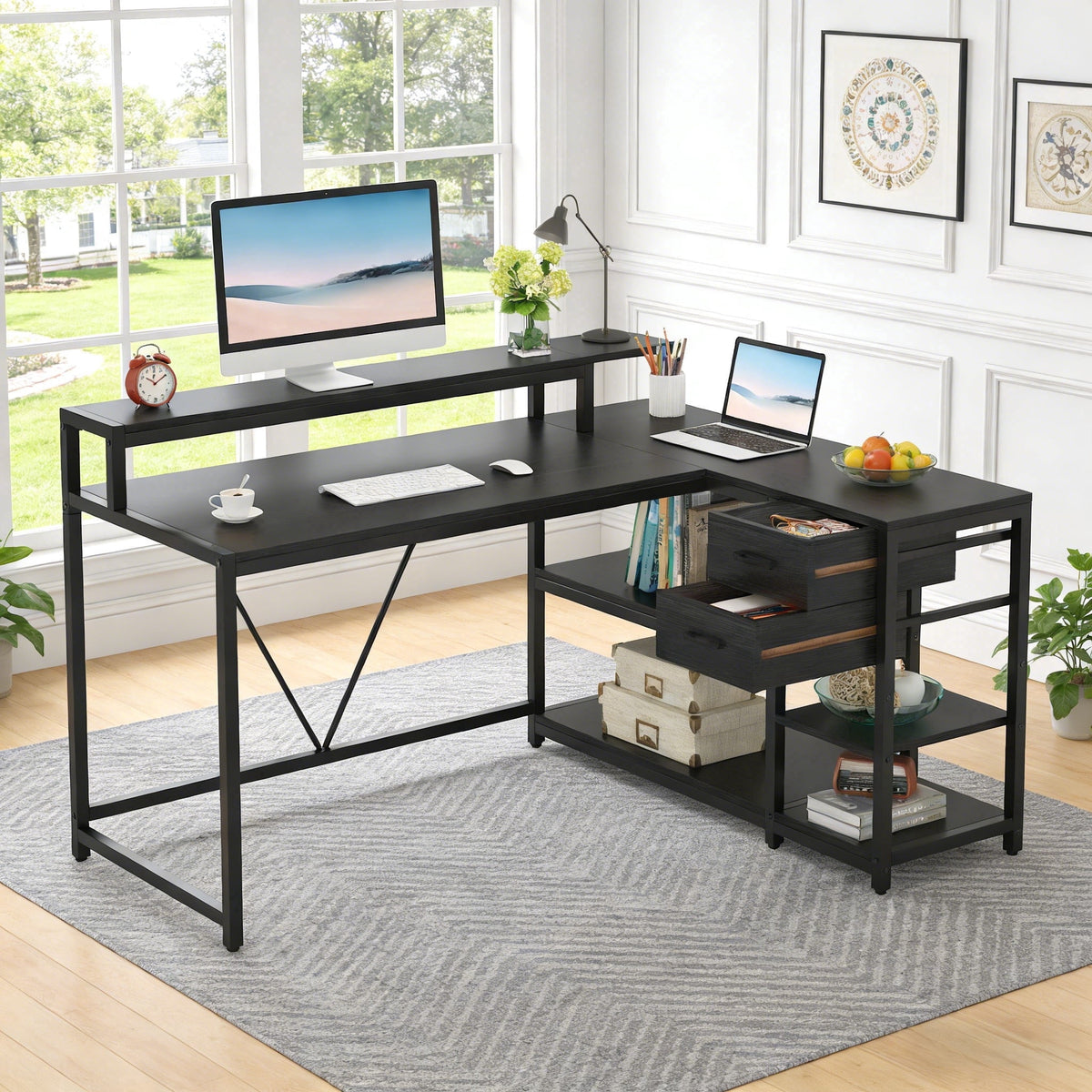 Fnova 55-Inch Desk with Drawer, Modern Reversible L Shaped Table, Corner Computer Desk with Storage Shelves and Monitor Stand for Home Office,WM010402M_B_US