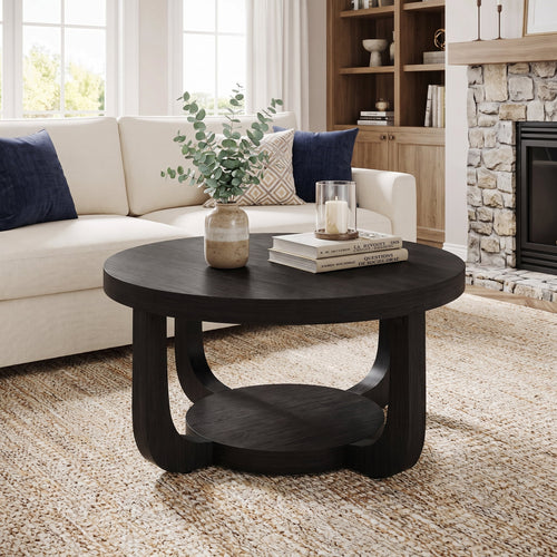 Fnova 2-Tier Round Coffee Table with Storage Shelf, Modern Wooden Circle Center Table, Accent Cocktail Table for Living Room, Lounge, Bedroom, Black,Black