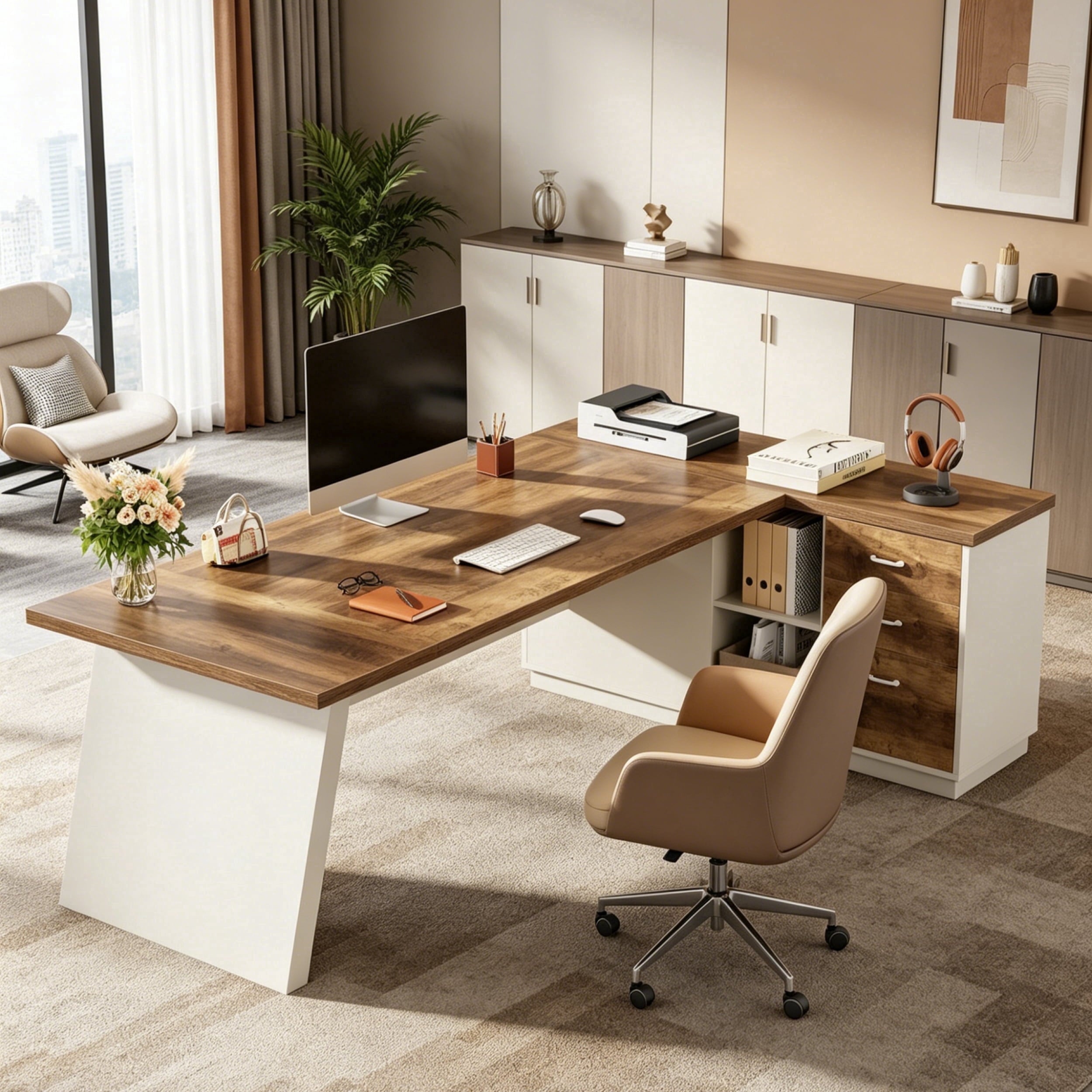 Fnova 78" L-Shaped Executive Desk with Drawers, Large Office Desk with Storage, Modern Business Desk for Home Office and Commercial Use,Matte White