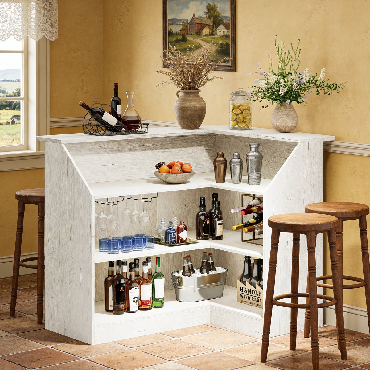 Fnova Bar Table, L-Shaped Home Pub Table with Stemware Racks, 4-Tier Corner Bar Unit Liquor Wine Bar Cabinet Reception Desk for Home Pub,WM010901_W_US