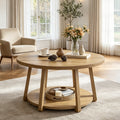 Fnova 2-Tier Round Coffee Table with Storage & Wood Legs, 31.5 Inch Mid-Century Center Table, Accent Cocktail Table for Living Room, Bedroom, Office,WM010489_LBN_US