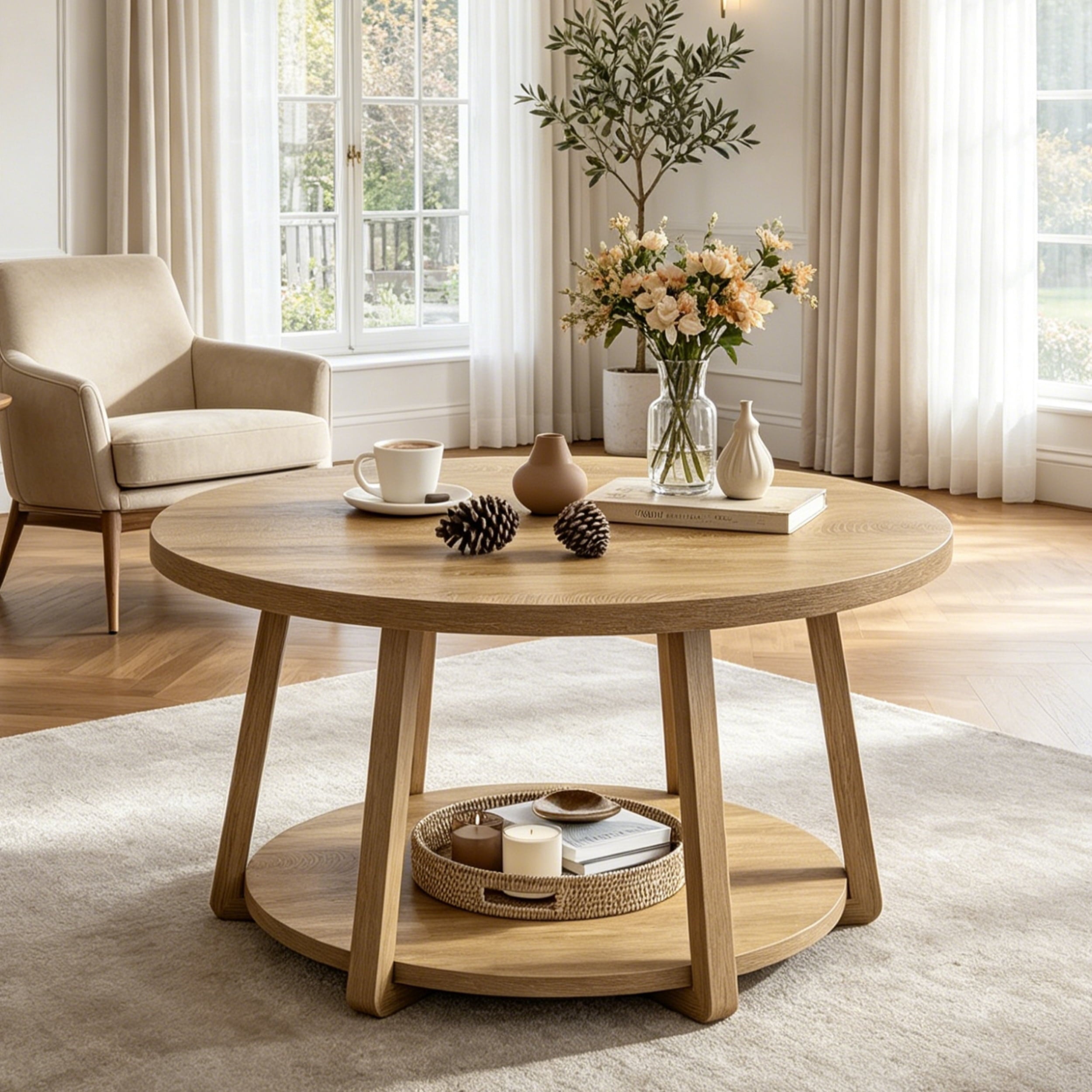 Fnova 2-Tier Round Coffee Table with Storage & Wood Legs, 31.5 Inch Mid-Century Center Table, Accent Cocktail Table for Living Room, Bedroom, Office,WM010489_LBN_US