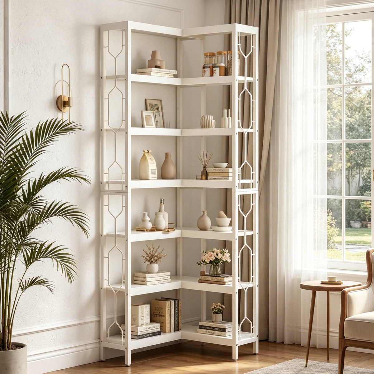 Fnova 7-Tier Industrial Corner Storage Shelf Unit, Space-Saving Bookcase Display for Living Room Bedroom Home Office,WM010549_W_US