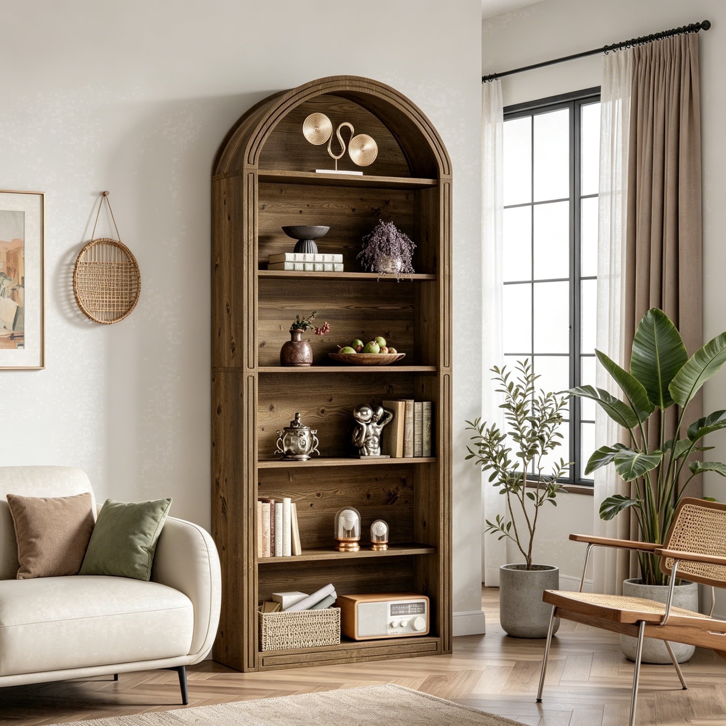 Fnova 78" Bookshelf, Farmhouse Tall 6-Tier Arched Bookcase, Wood Display Shelf Book Shelf Organizer for Living Room, Bedroom, Entryway,Dark Brown,6-Tier