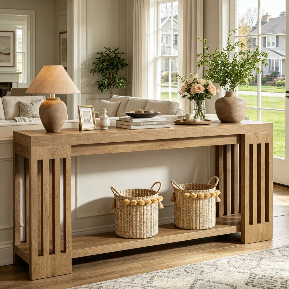 Fnova 70.9-Inch Console Table, 2-Tier Extra Long Farmhouse Entryway Table with Vertical Stripe Legs, Wood Sofa Table for Living Room, Hallway, Entrance,WM010351_BN_US