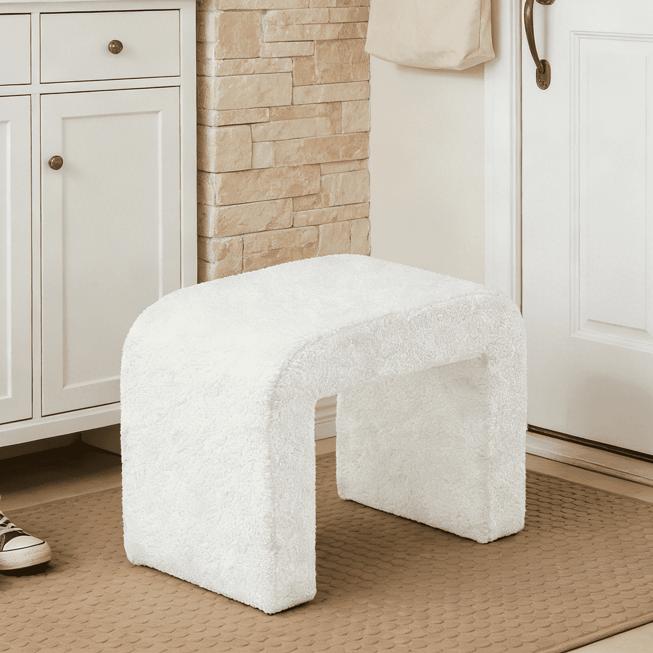 Fnova Modern Vanity Stool, Upholstered Ottoman with Faux Cashmere Fabric, Arched Footstool Sofa Footrest Dressing Chair Shoe Stool for Entryway, Bedroom, Living Room, Fully Assembled, White,WM011204_W_Bench