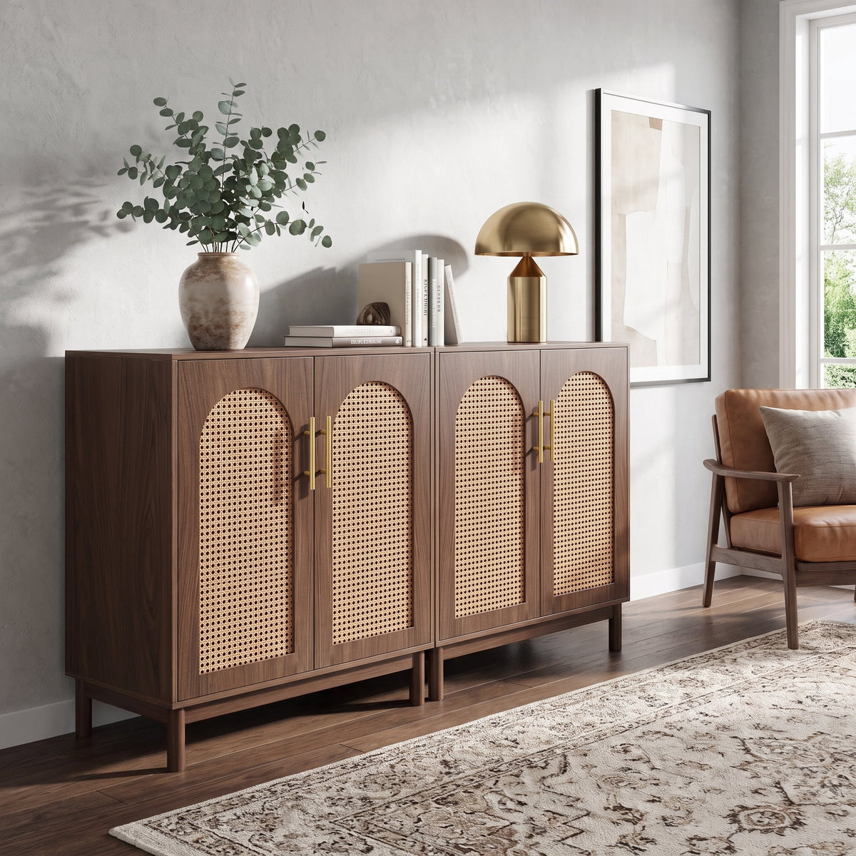 Fnova 59-Inch Cabinet, Rattan Sideboard Buffet Storage Cabinet with 4 Doors & Adjustable Shelves, Farmhouse Kitchen Buffet Table, Accent Cabinet for Living Room, Dining Room, Entryway,WM011334_DBN_US