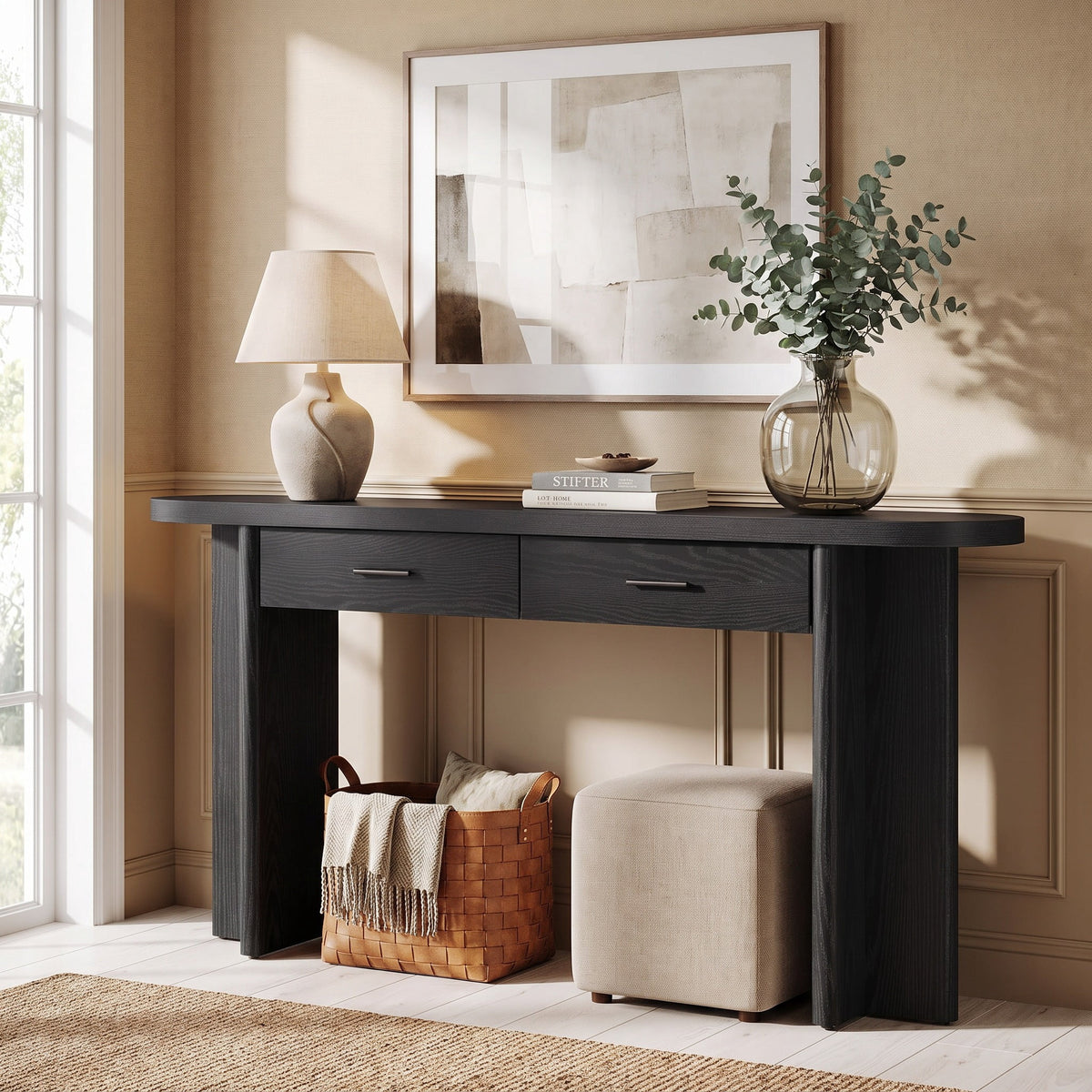 Fnova 63 Inch Console Table with 2 Drawers, Farmhouse Oval Curved Entryway Table with Storage for Living Room, Hallway, Behind Couch,WM010982_B_US