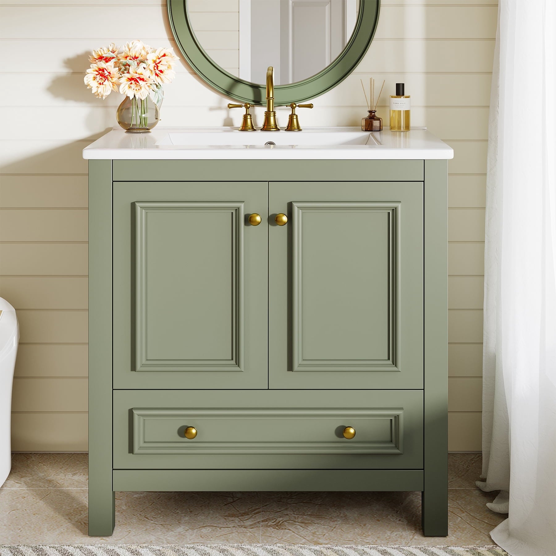 Fnova 30-Inch Modern Bathroom Vanity with Sink, Freestanding Bathroom Vanities Cabinet, Bathroom Sink Cabinet with 2 Doors and 1 Drawer, Solid Wooden Frame, Green,WM011301M_G_US