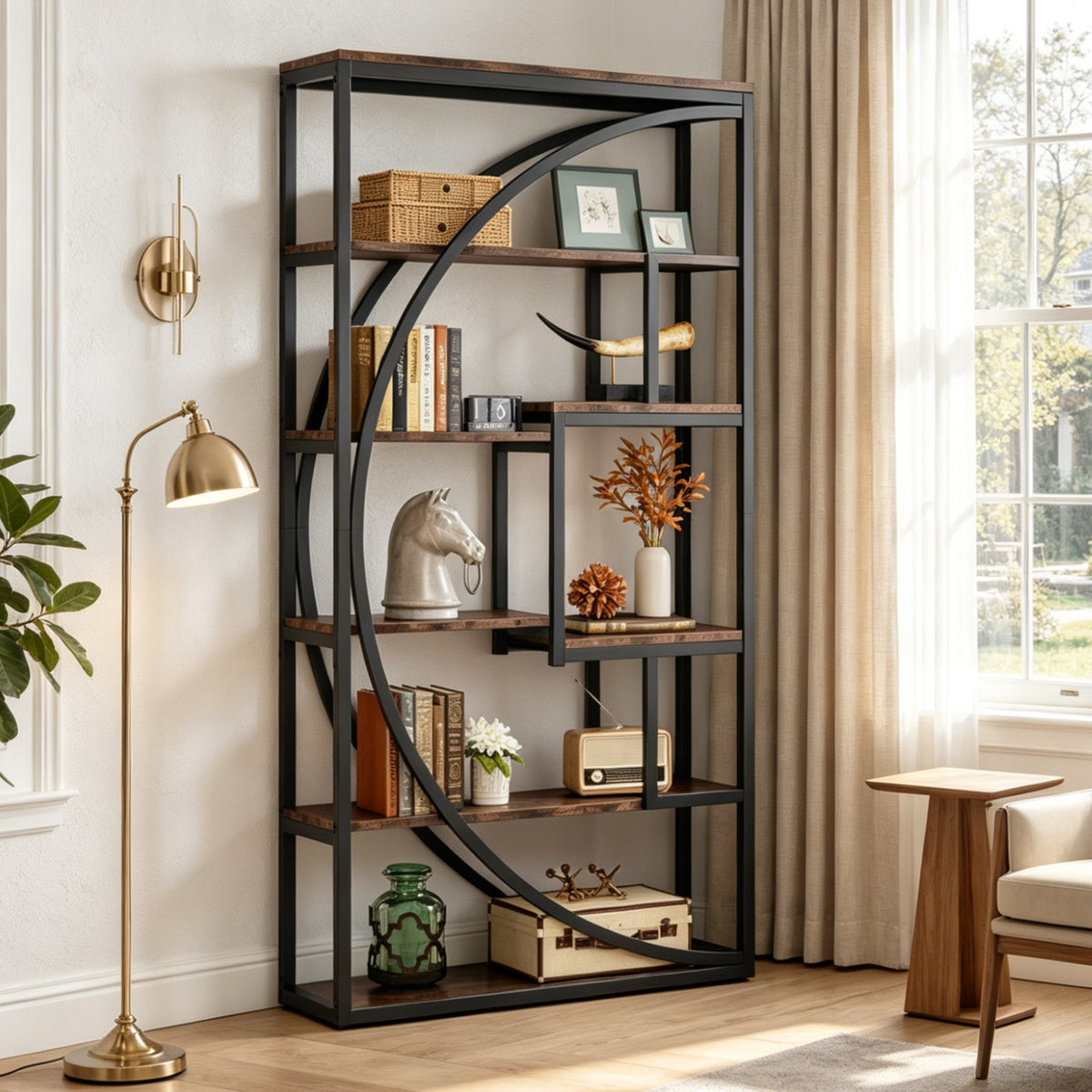 Fnova 70.8-Inch Industrial Storage Shelf Unit, Geometric 5-Tier Open Bookcase Display Shelving for Living Room Bedroom Home Office Entryway,WM010548_BNB_US