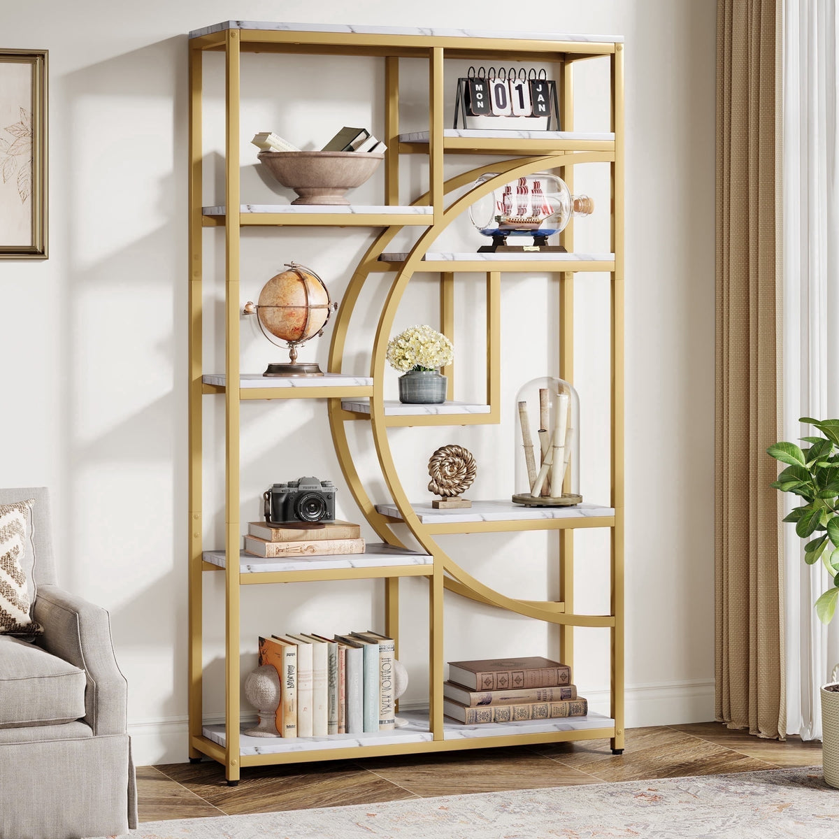 Fnova 68.8-Inch 9 - Tier Industrial Bookshelf, Modern Metal - Wood Storage Rack for Living Room/Office/Kitchen, Freestanding Tall Compact Corner Organizer,WM010501_WG_US