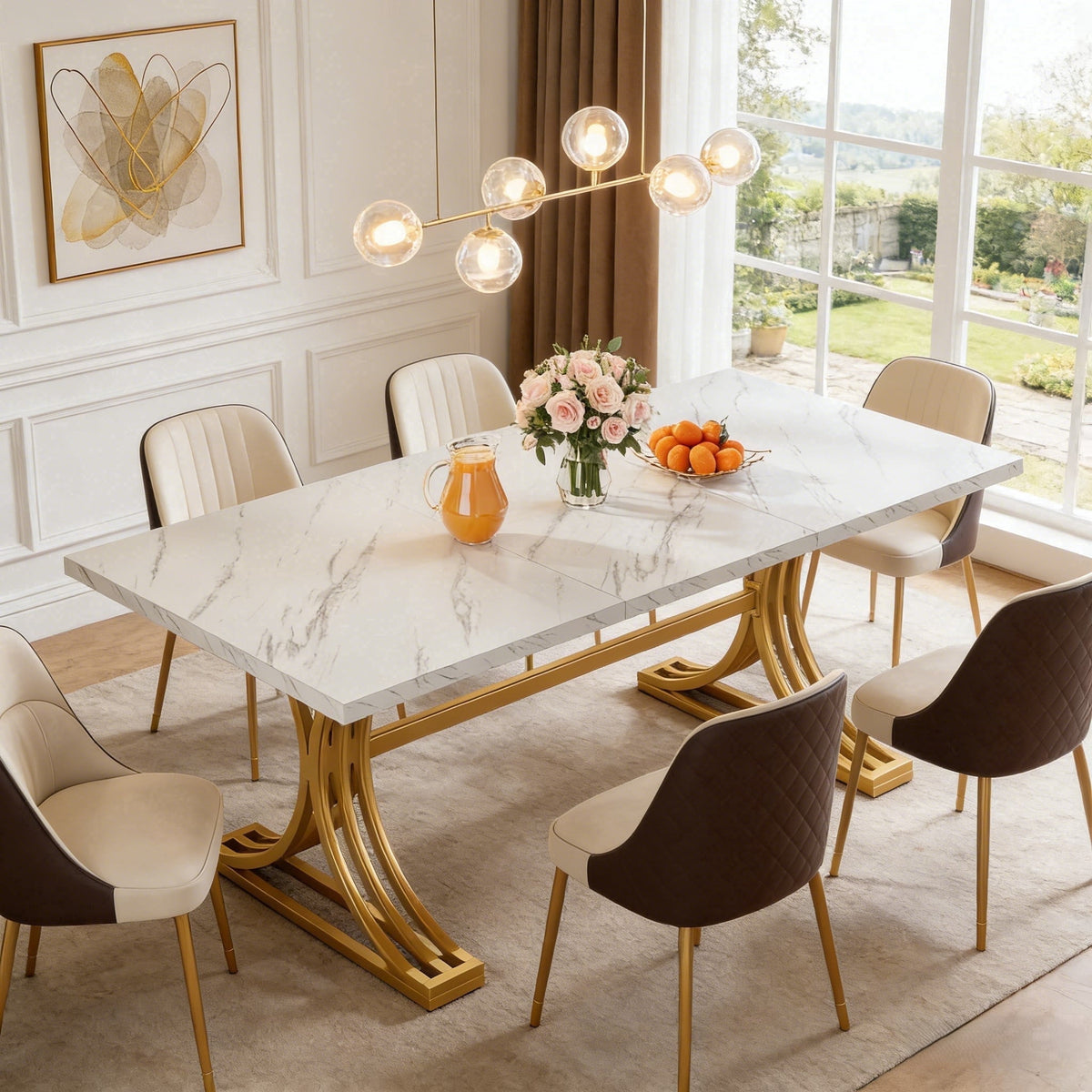 Fnova 63-Inch Modern Dining Table, Rectangular White Faux Marble Top Kitchen Table, Stylish Metal Trestle Legs, Seats 4 to 6 for Dining Room & Kitchen, Living Room,WM010275_W_Tables