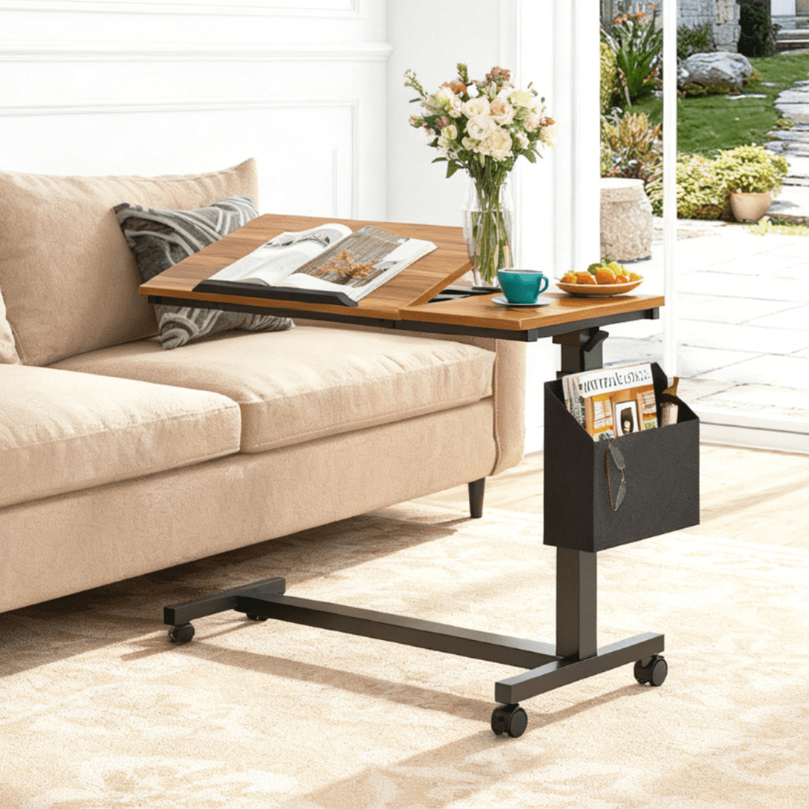 Fnova Height-Adjustable End Table with Wheels, C-Shaped Mobile Sofa Snack Tray, Tiltable Drawing Board, Laptop Side Table for Living Room, Bedside Table for Couch,WM010117_BN_Tables