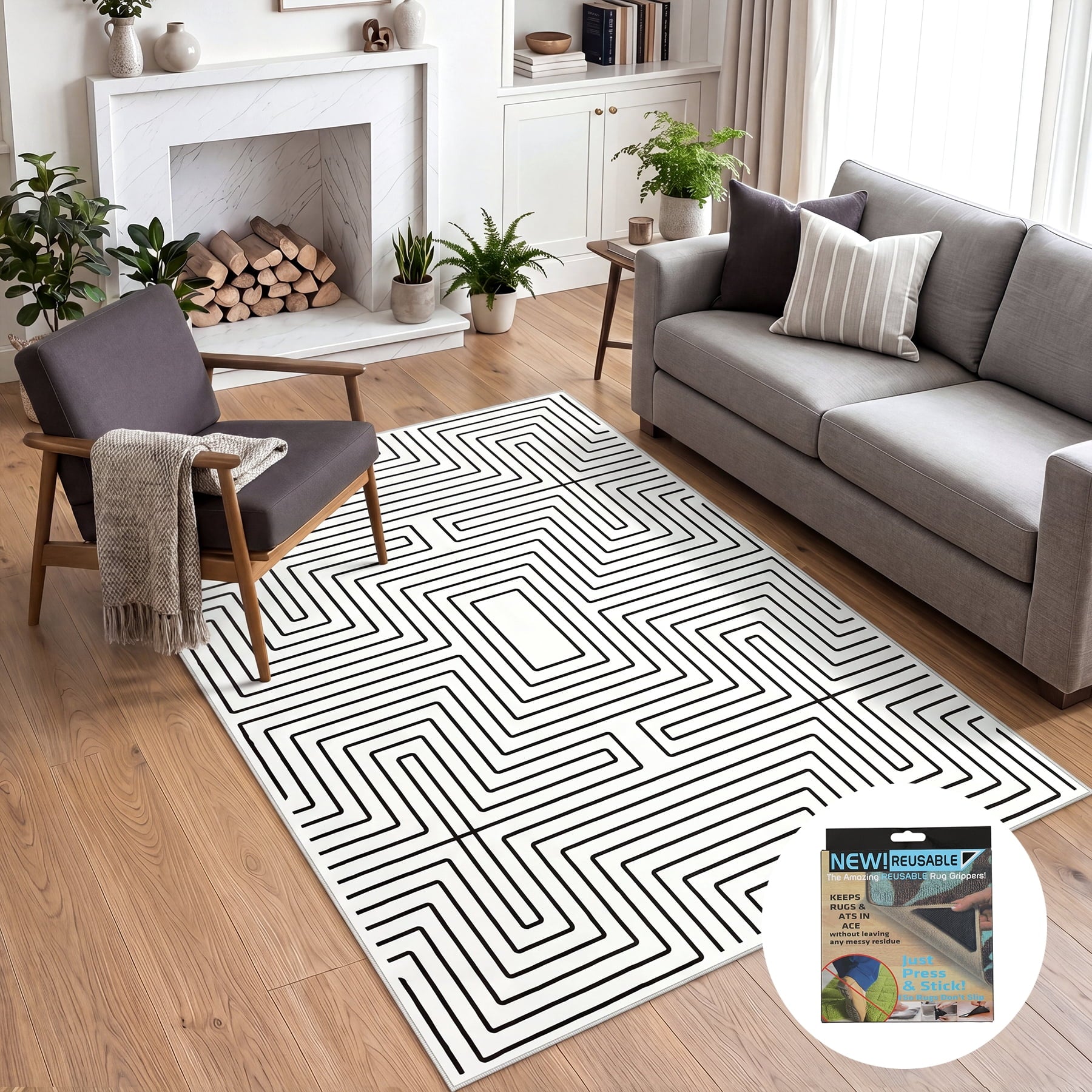 Fnova Geometric Maze Pattern Area Rug, 5'x7' Machine Washable Non Slip Rug for Living Room Bedroom Kitchen, Kid and Pet Friendly Low Pile Indoor Carpet,Black & White,5'x7'