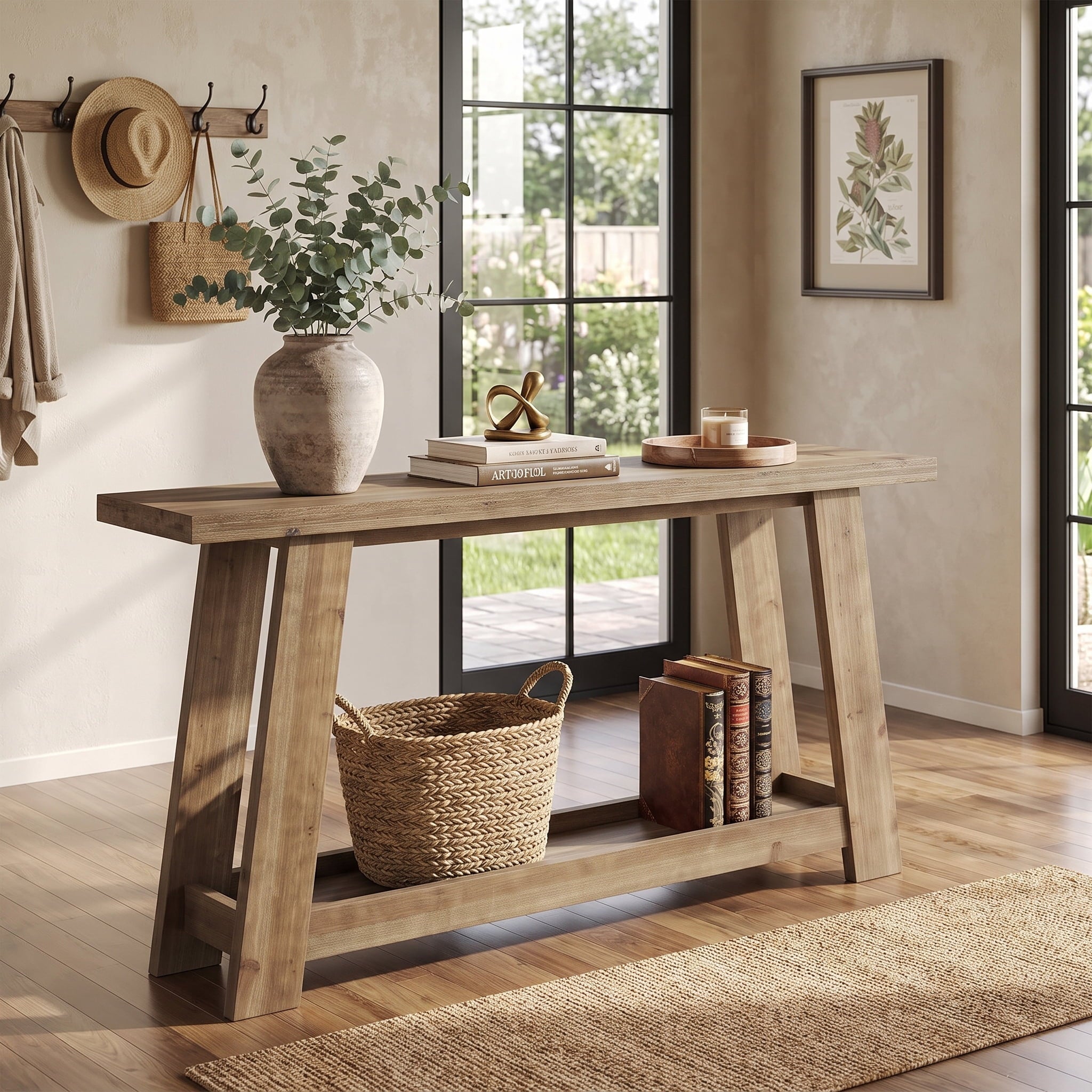 Fnova 63-Inch Solid Wood Farmhouse Console Table, 2-Tier Entryway Table with Storage Shelf, Narrow Long Sofa Table for Living Room, Hallway, Foyer,WM010929_BN_US