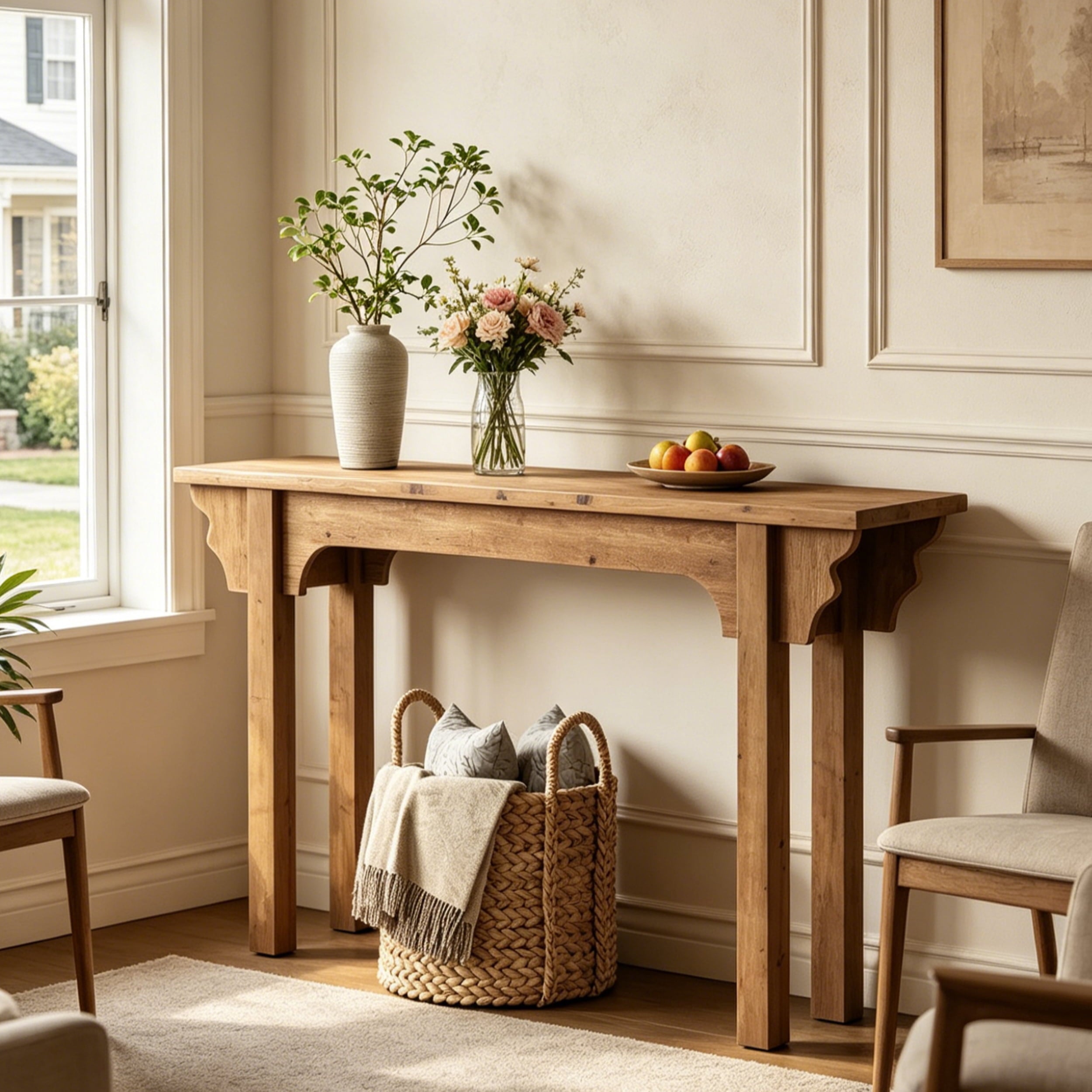 Fnova 63-Inch Farmhouse Console Table, Solid Wood Entryway Table, Long Narrow Sofa Table for Living Room, Hallway, Foyer,WM010338_DBN_US