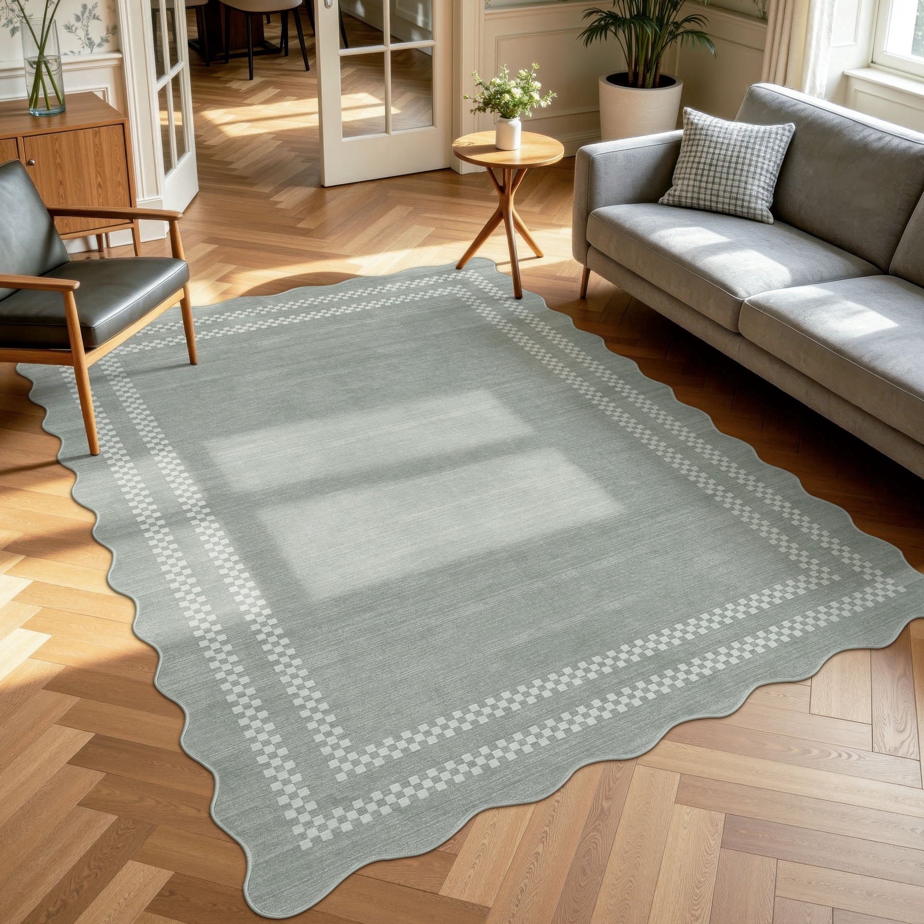 Fnova Scalloped Checker Border Area Rug, 5'x7' Machine Washable Non Slip Rug for Living Room Bedroom Kitchen, Kid and Pet Friendly Low Pile Indoor Carpet,Gray,5'x7'
