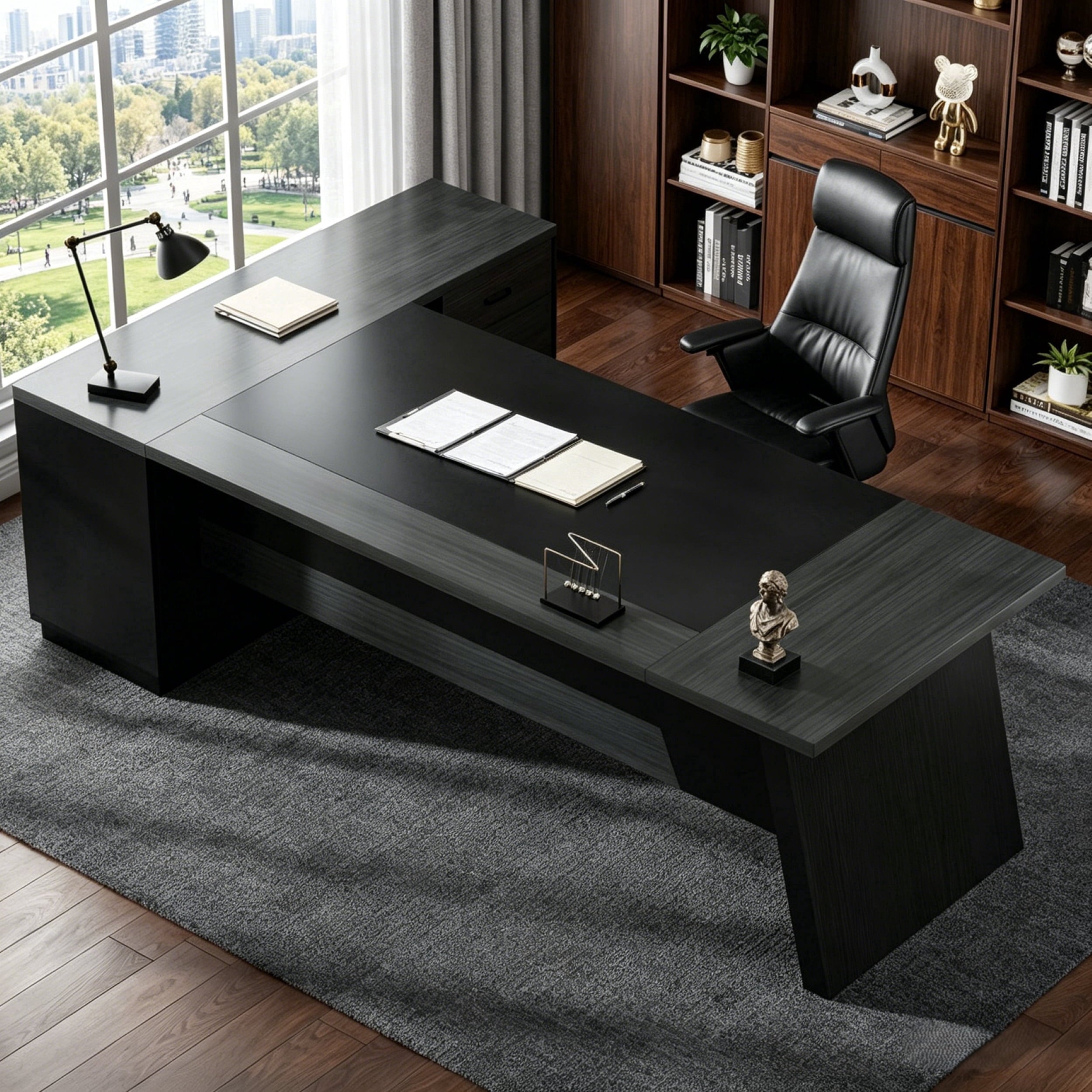 Fnova 78" L-Shaped Executive Desk with Drawers, Large Office Desk with Storage, Modern Business Desk for Home Office and Commercial Use,Charcoal Black