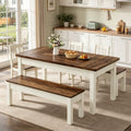 Fnova 3 Pieces Dining Table Set for 4-6 with 2 Benches, 55" Farmhouse Wood Kitchen Table and Space Saving Tuck Under Benches for Kitchen Dining Room,Brown White
